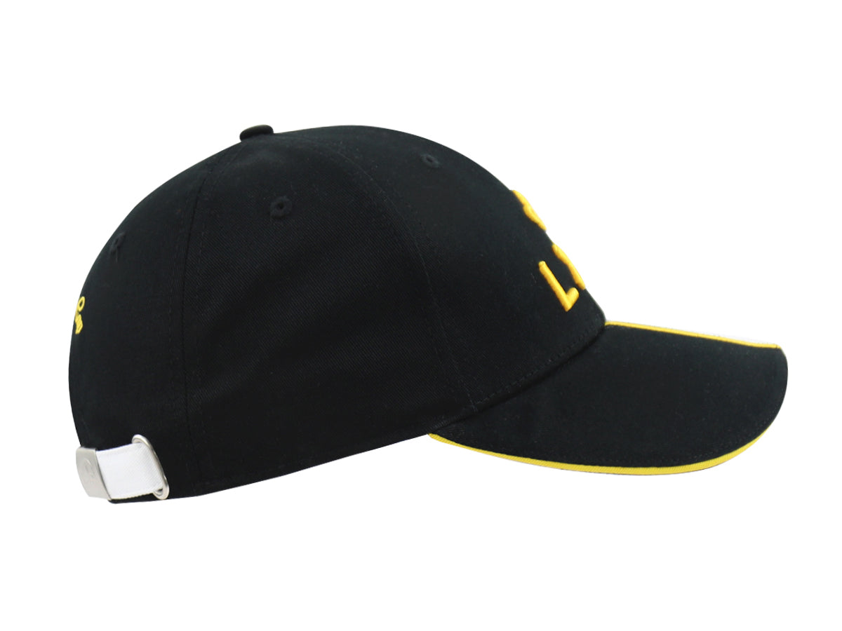 Casquette Racing Noir LXH noire avec détails jaunes et fermeture ajustable en métal