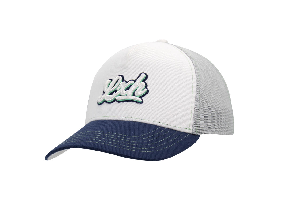 Casquette LXH en coton blanc et bleu avec logo Studio Coton District sur l'avant