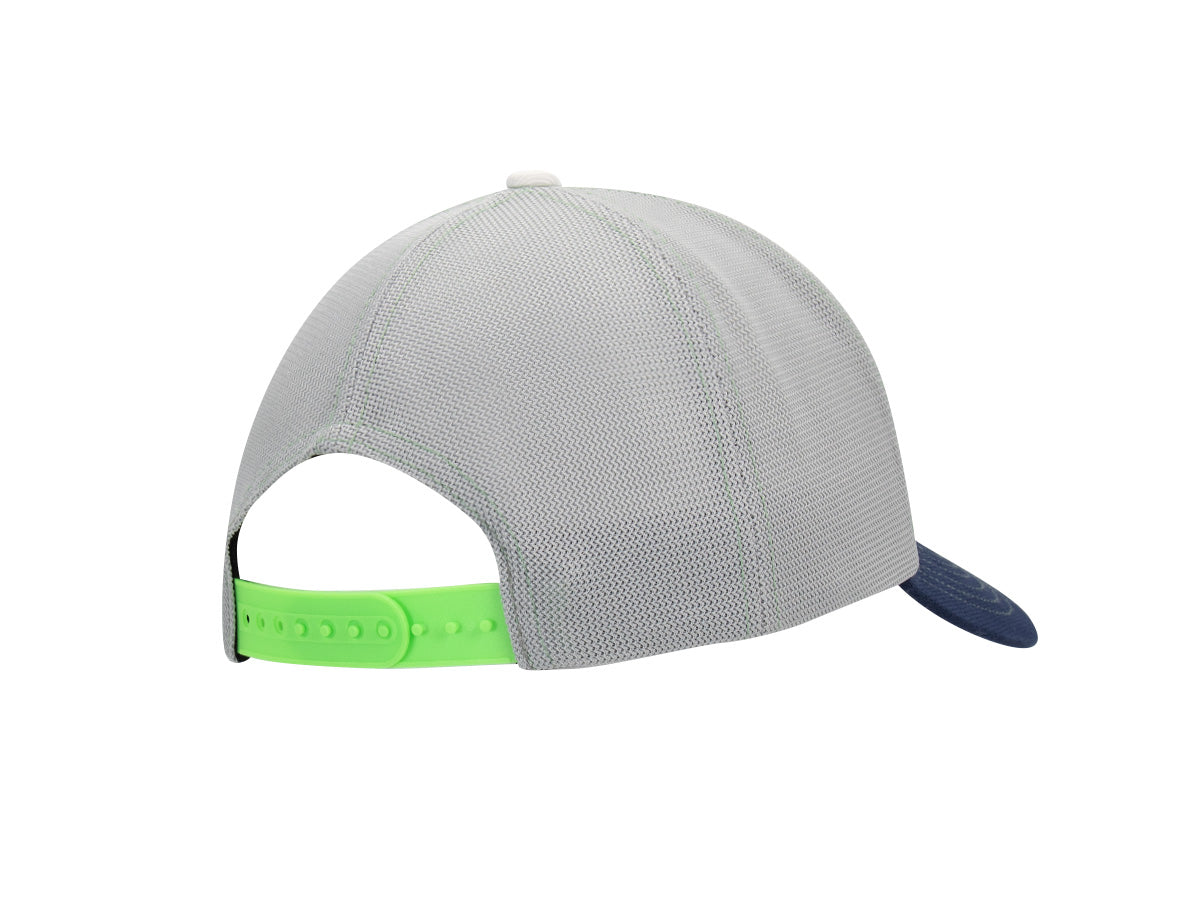 Arrière casquette LXH Signature District, panneaux mesh gris clair, snapback plastique vert vif cranté, bord visière navy.