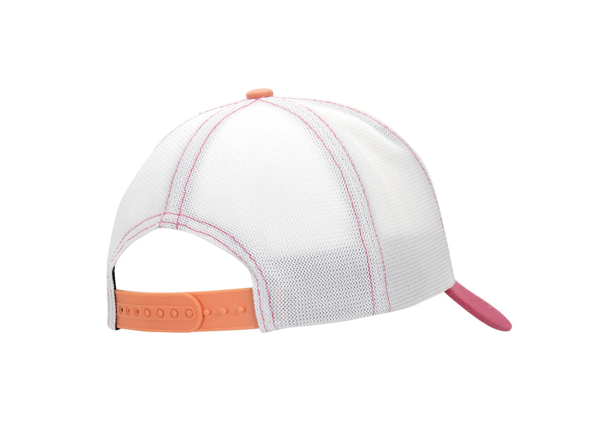 Dos casquette trucker LXH Signature tangerine, mesh blanc surpiqué framboise, snapback plastique réglable orange mandarine.
