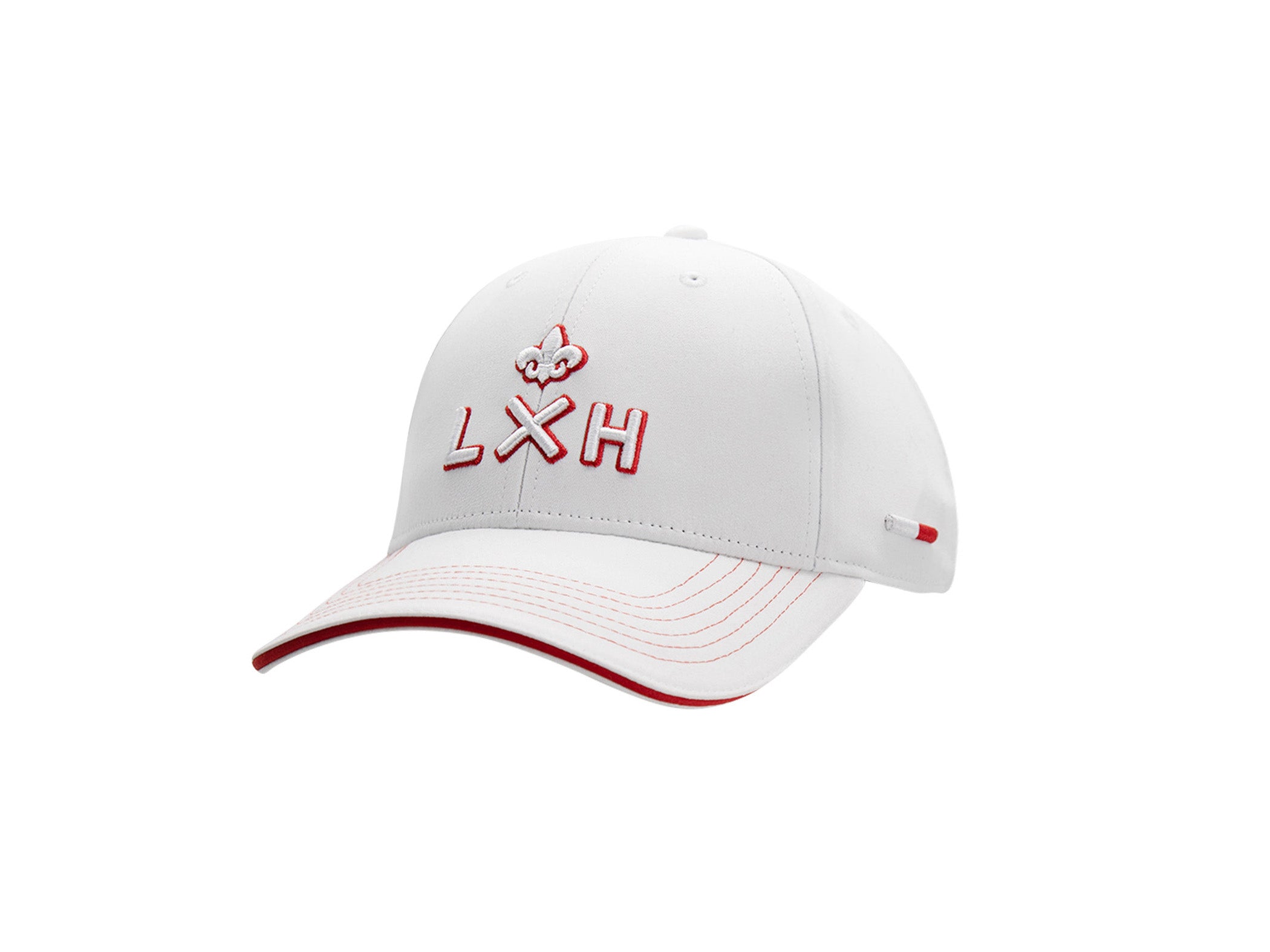Casquette LXH x Monaco GP coton blanc trois quarts face, monogramme LXH cerclé rouge, fleur de lys, liseré rouge.