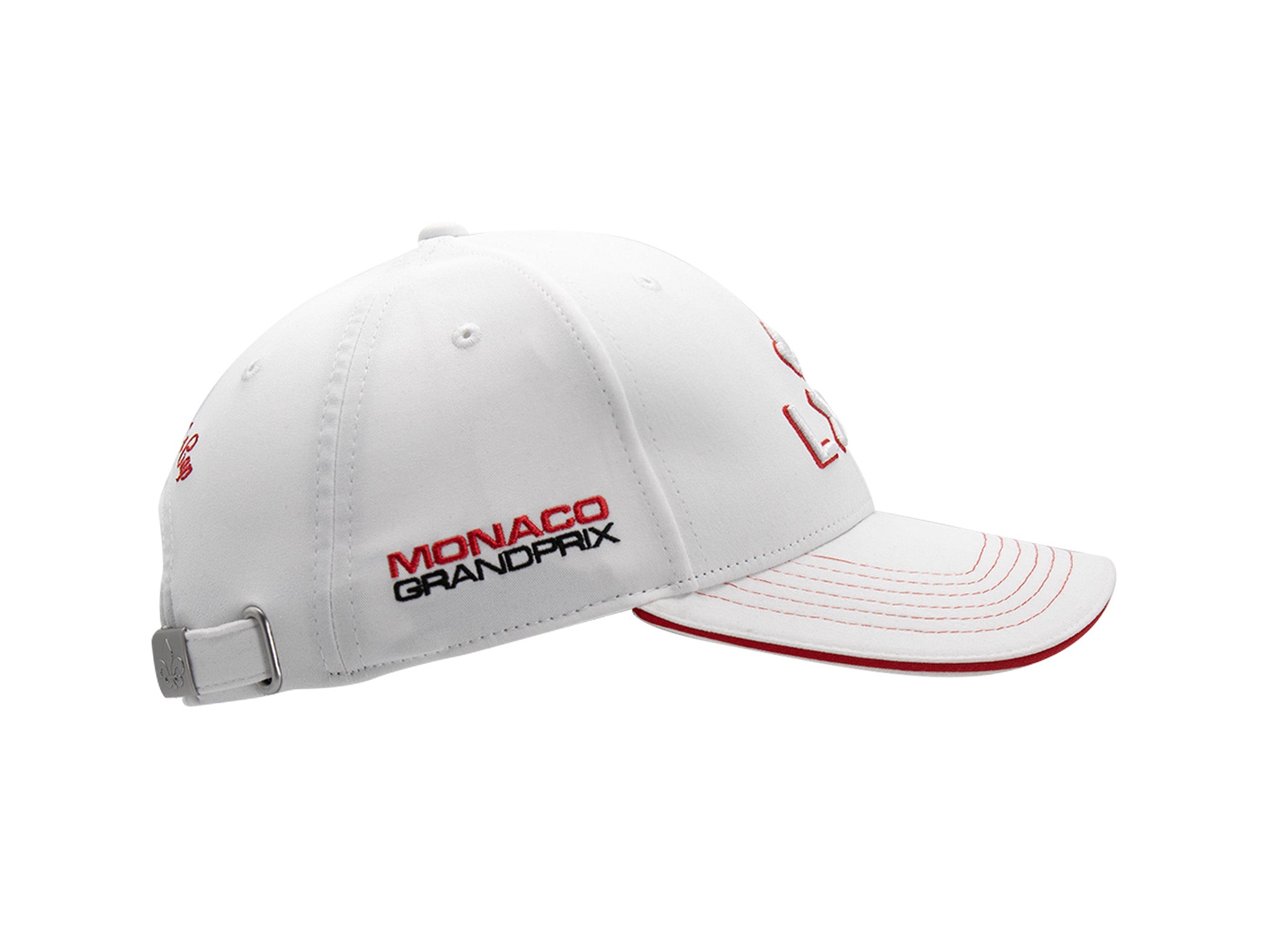 Casquette LXH x Monaco GP coton blanc profil droit, broderie MONACO rouge et GRANDPRIX noire, liseré rouge visière.