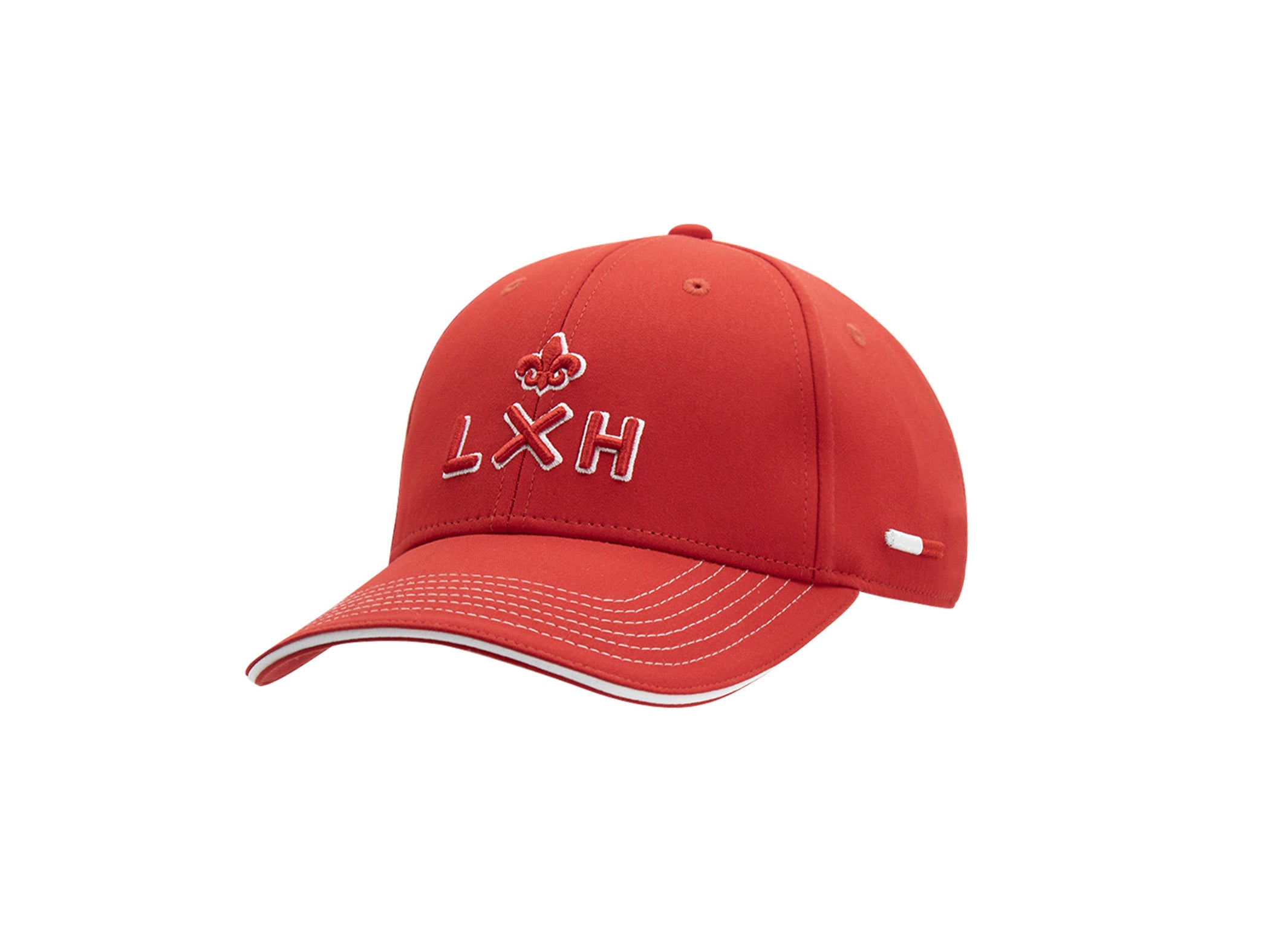Casquette LXH x Monaco GP coton rouge face, logo LXH et fleur de lys brodés rouge cerclé blanc, surpiqûres visière.