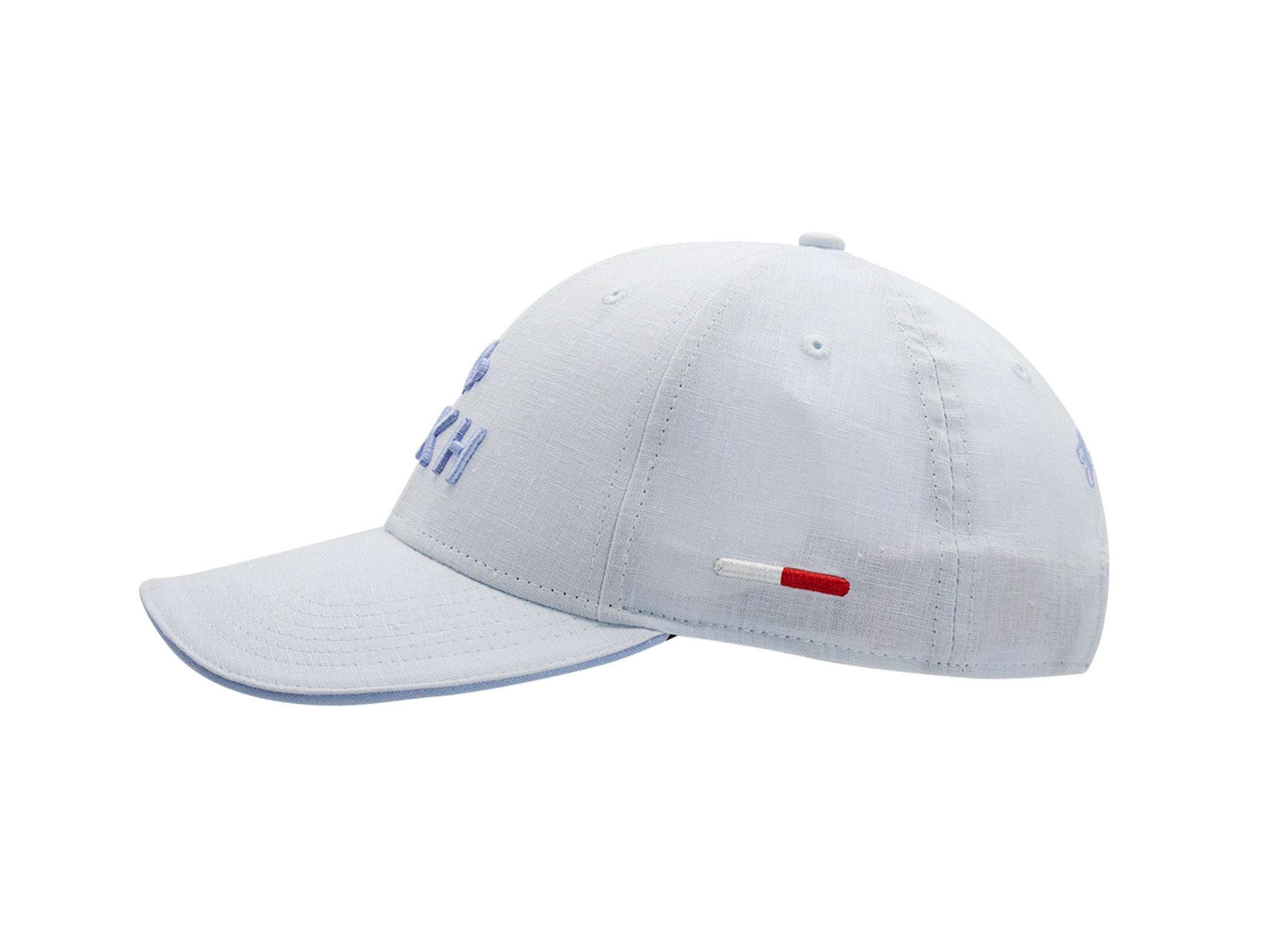 Casquette LXH x Monaco GP lin bleu ciel vue de profil, broderie LXH ton sur ton et étiquette tricolore