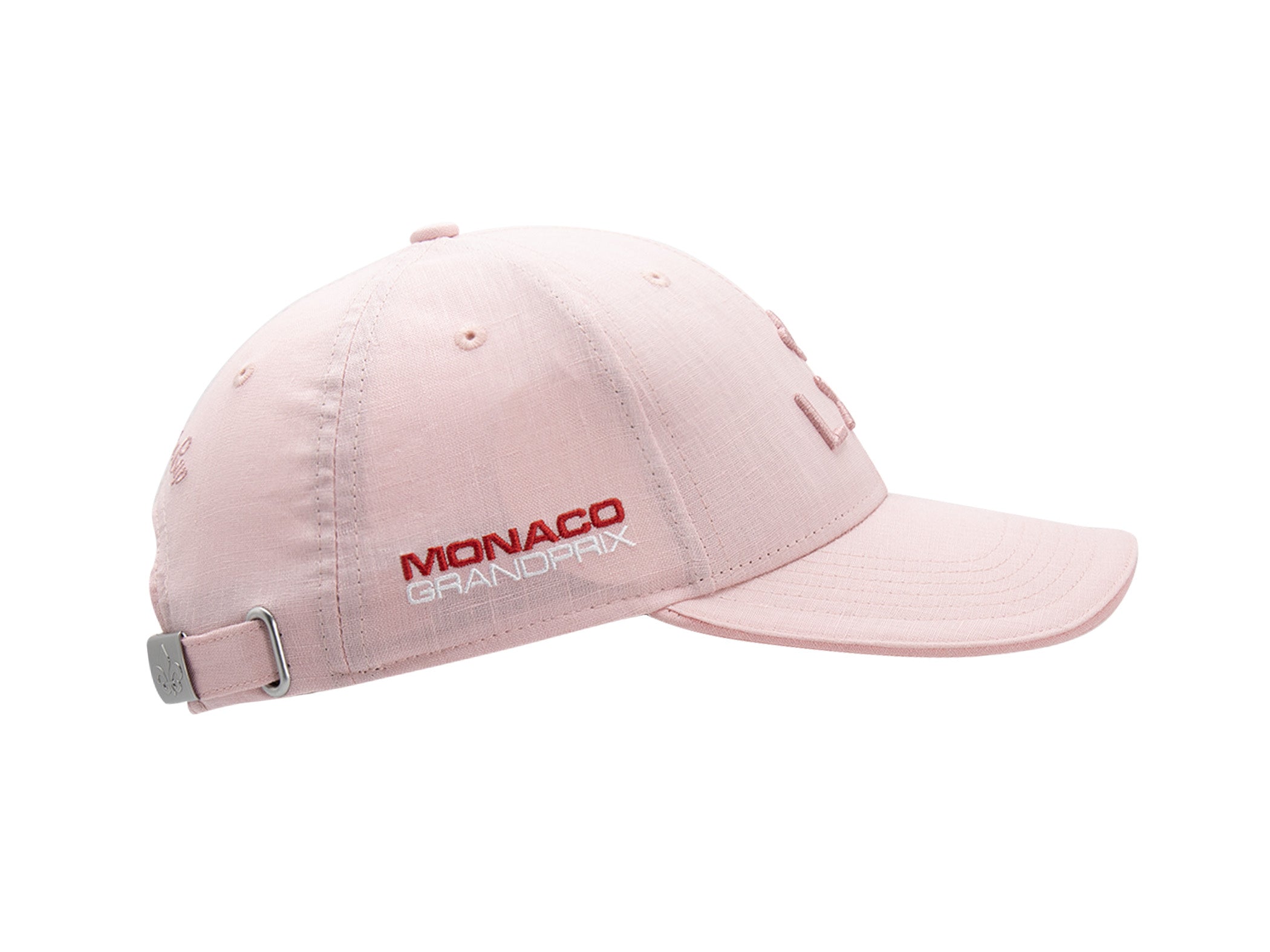 Casquette LXH x Monaco GP lin rose poudré vue de profil avec broderie MONACO GRANDPRIX rouge et blanche sur panneau latéral