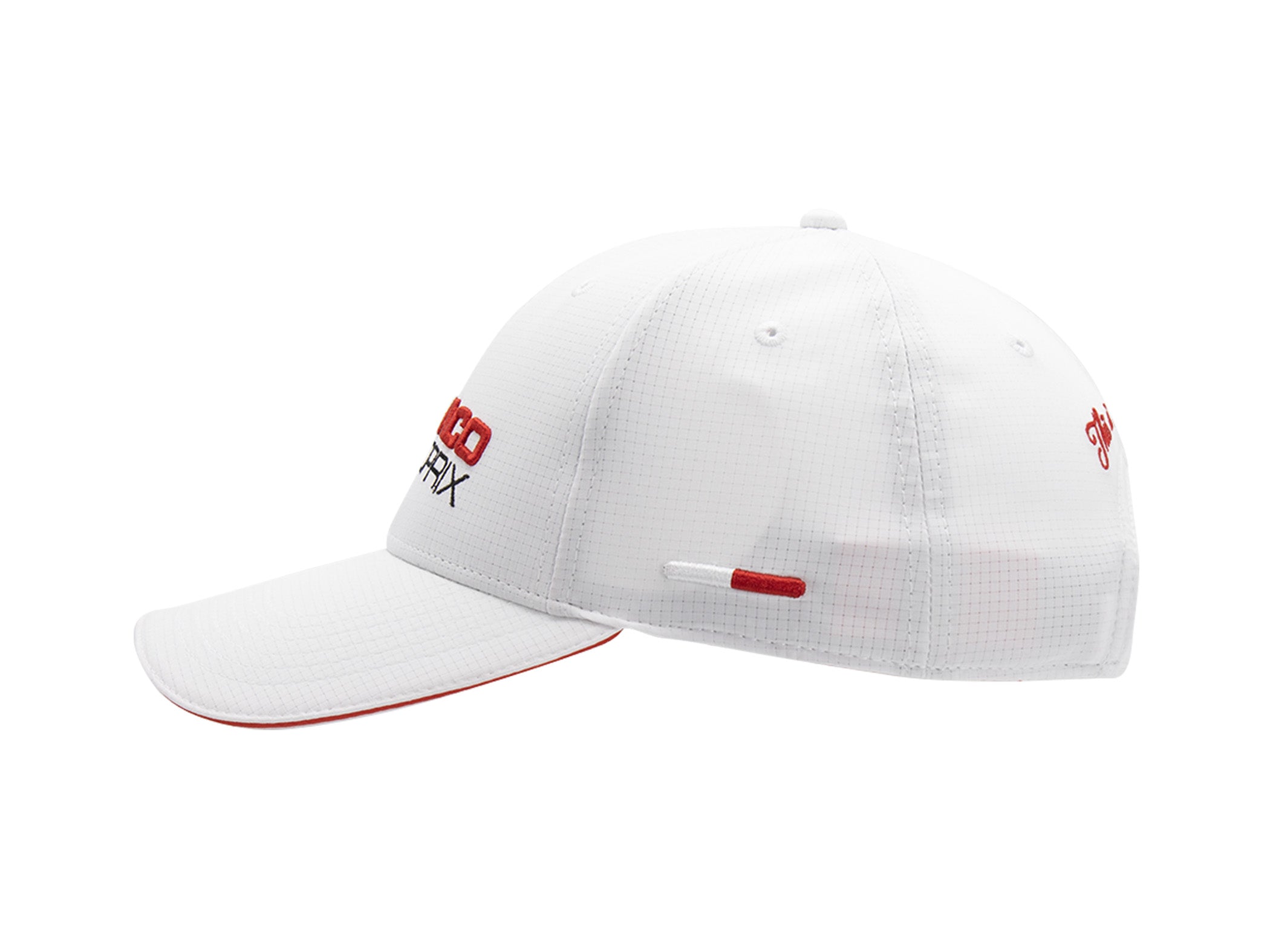 Profil droit casquette nylon sport blanc LXH x Monaco GP, signature script rouge brodée arrière, liseré blanc et rouge