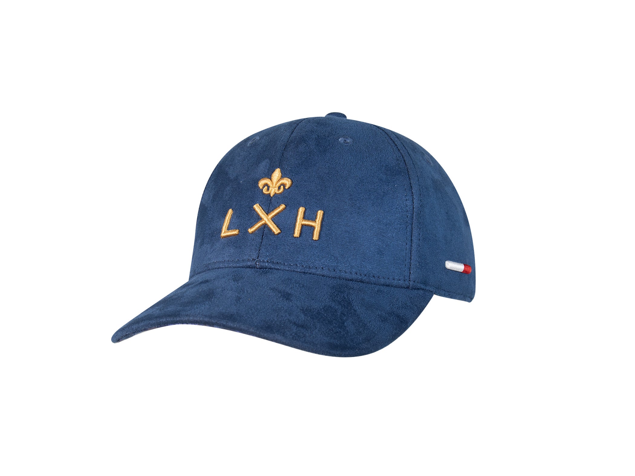 Casquette LXH x Monaco GP Collector face, suédine bleu marine, blason LXH et fleur de lys or, insert tricolore.