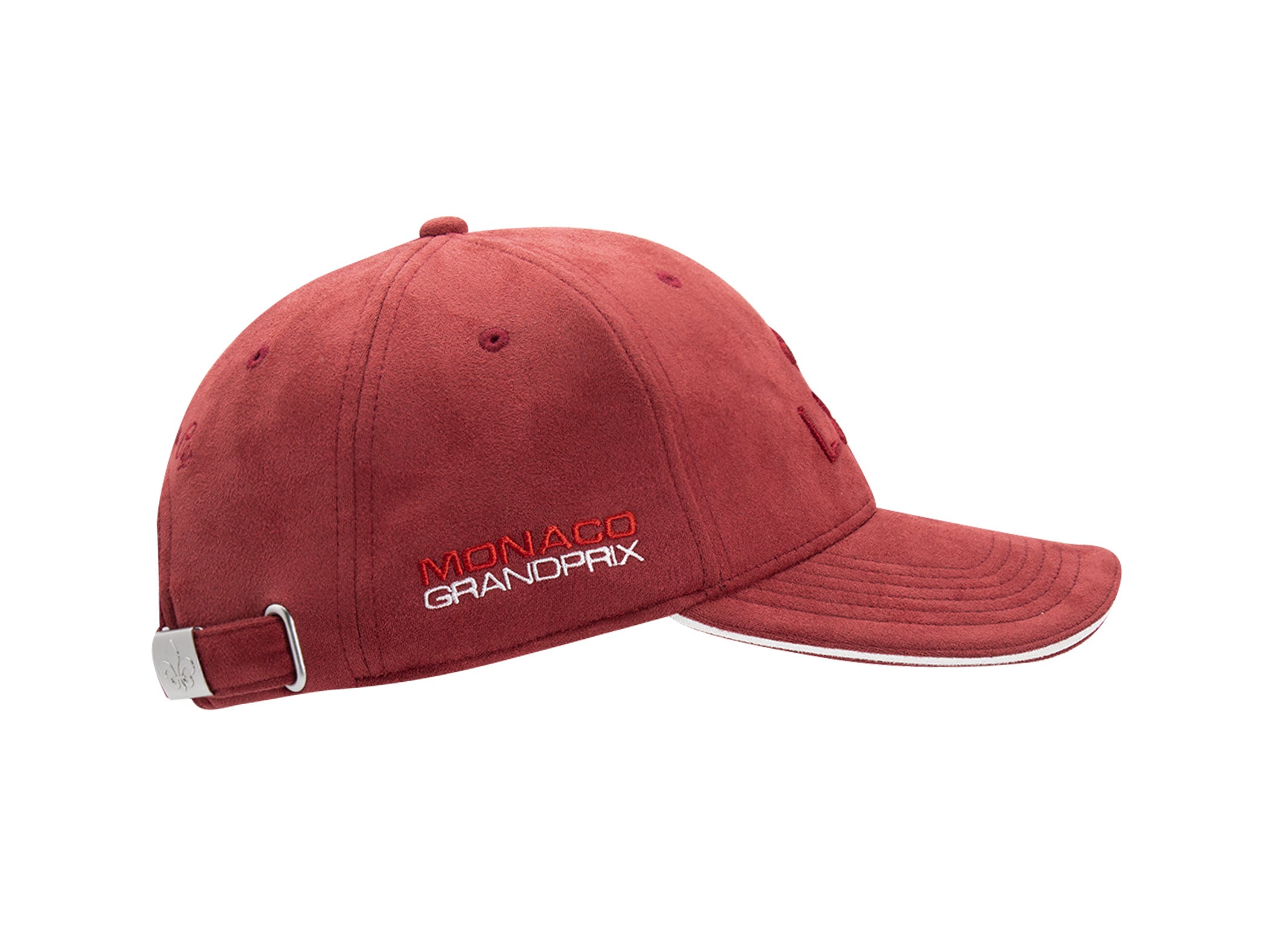 Casquette LXH x Monaco GP suédine bordeaux vue de profil avec broderie MONACO GRANDPRIX rouge et blanche sur panneau latéral