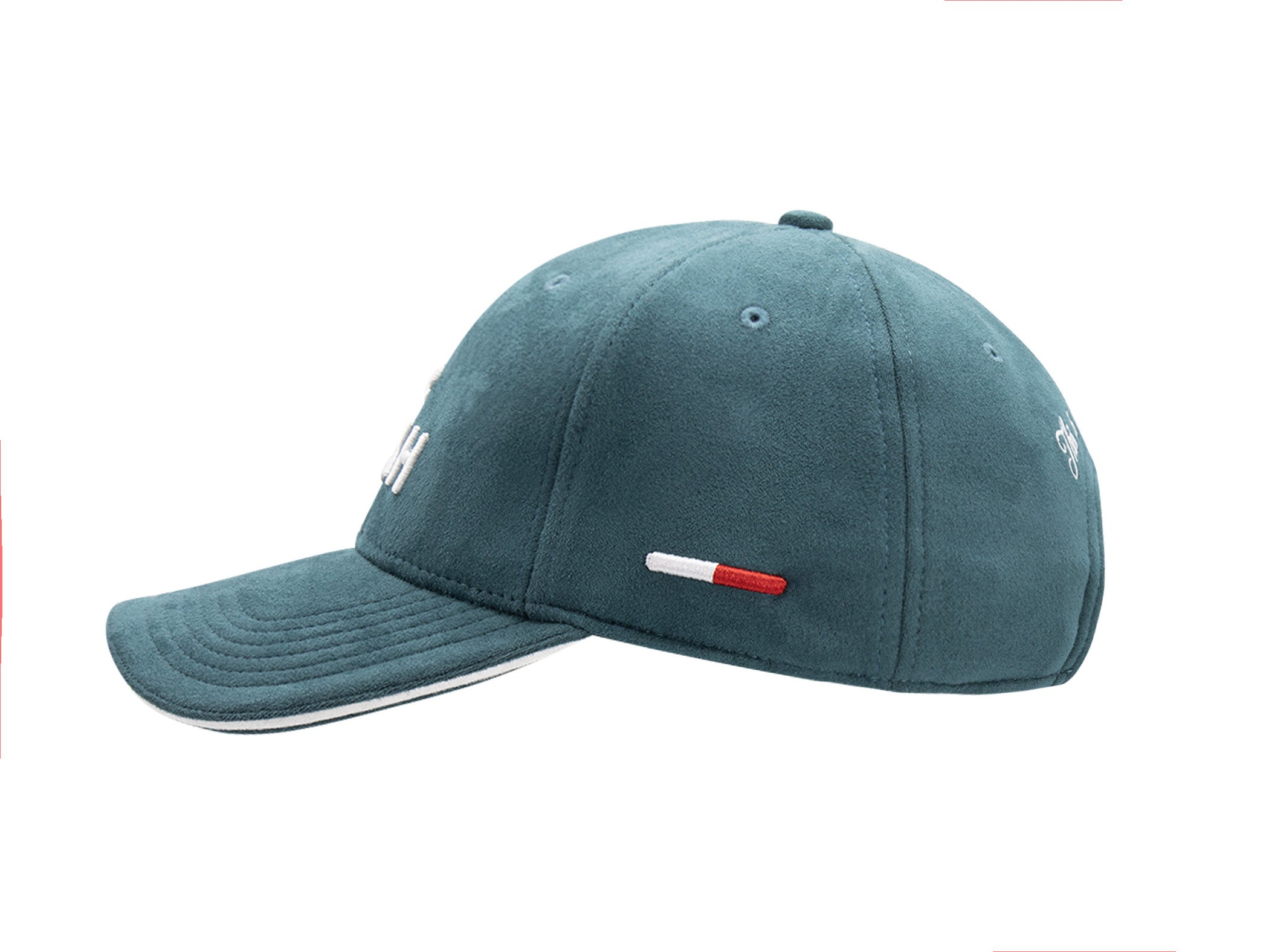 Casquette LXH x Monaco GP suédine bleu canard vue de profil, liseré blanc sur visière et étiquette tricolore