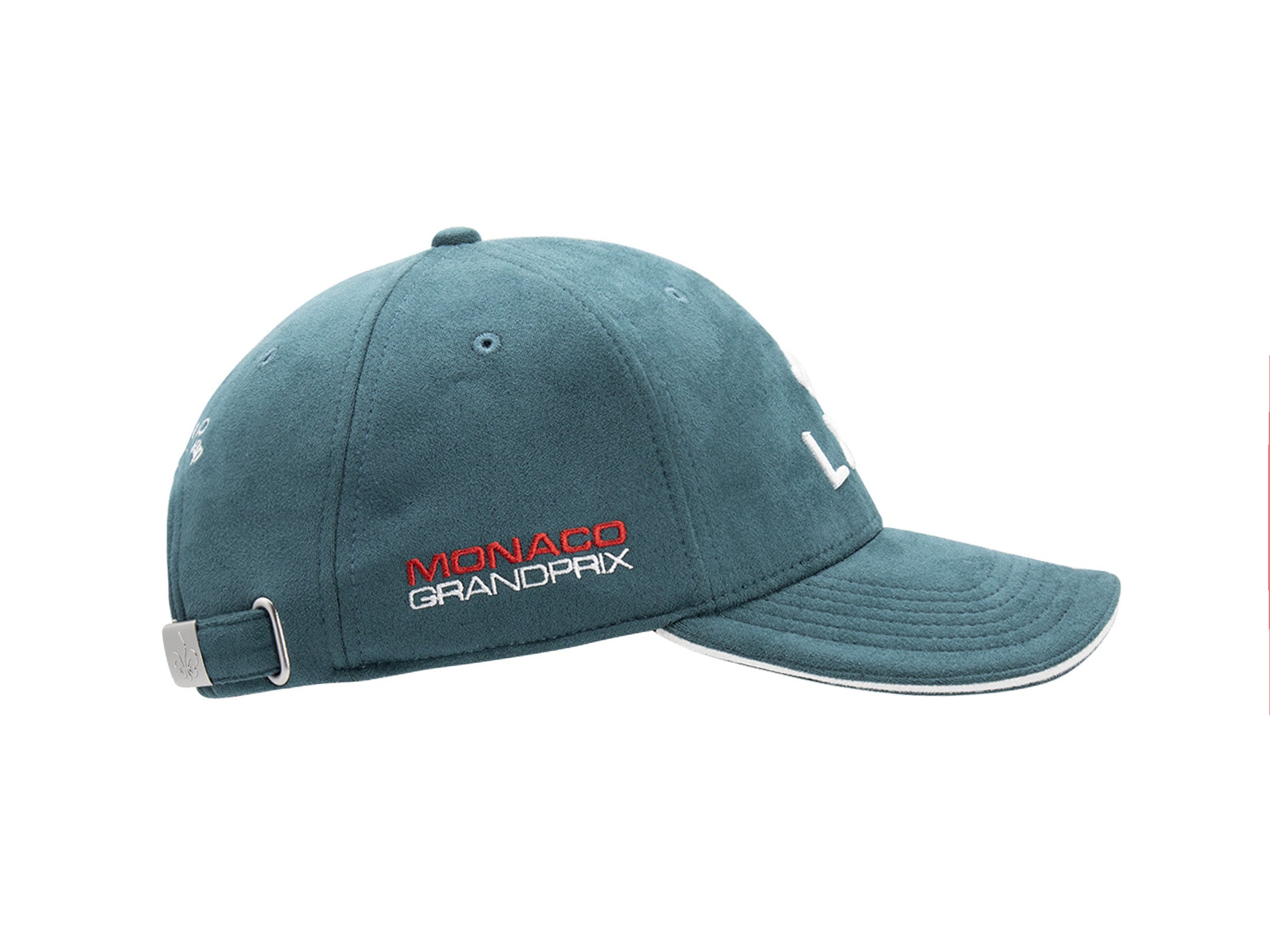 Casquette LXH x Monaco GP suédine bleu canard profil, broderie MONACO GRANDPRIX rouge et blanche panneau latéral.