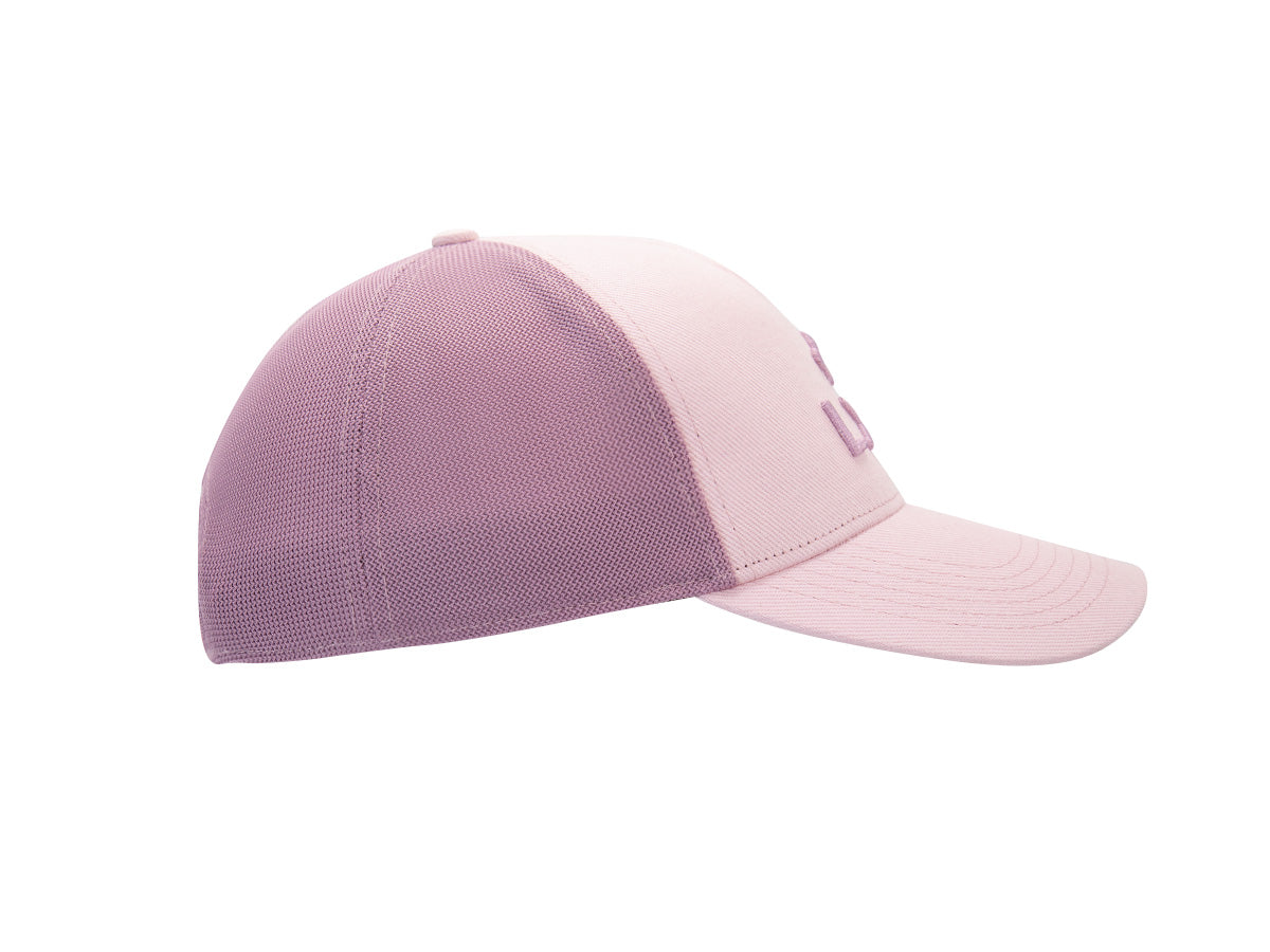Profil droit casquette LXH Évasion bi-color Quartz, coton rose pâle avant, mesh aéré lilas mauve arrière, visière préformée.