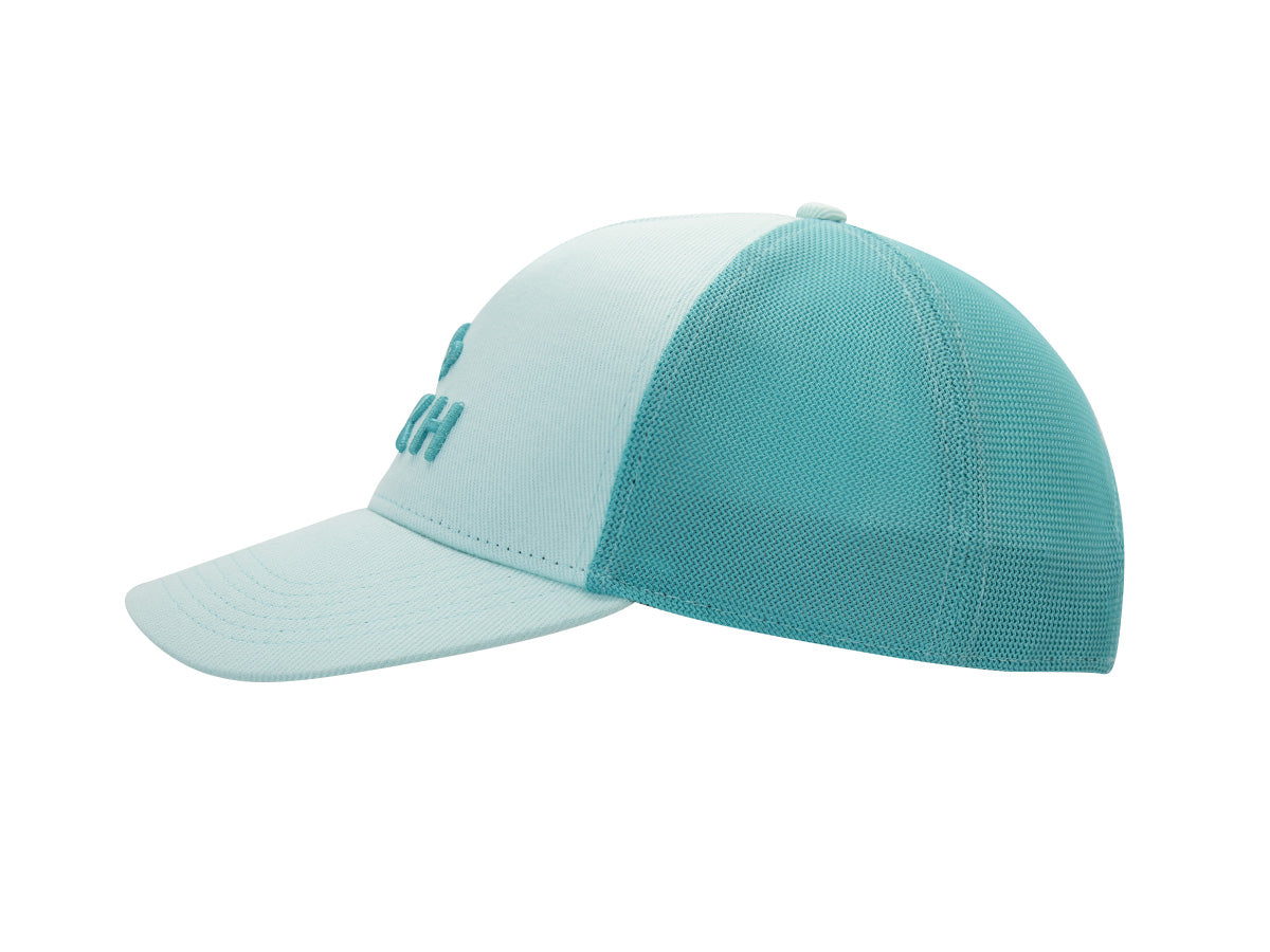 Profil gauche casquette LXH Évasion turquoise, visière coton turquoise pâle surpiqûres concentriques, mesh turquoise soutenu.