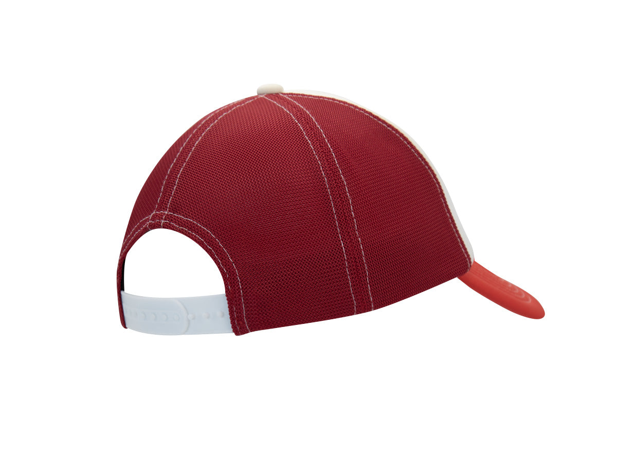 Dos casquette LXH Signature, mesh cramoisi structuré, surpiqûres blanches contrastantes, snapback boutons-pression blancs.