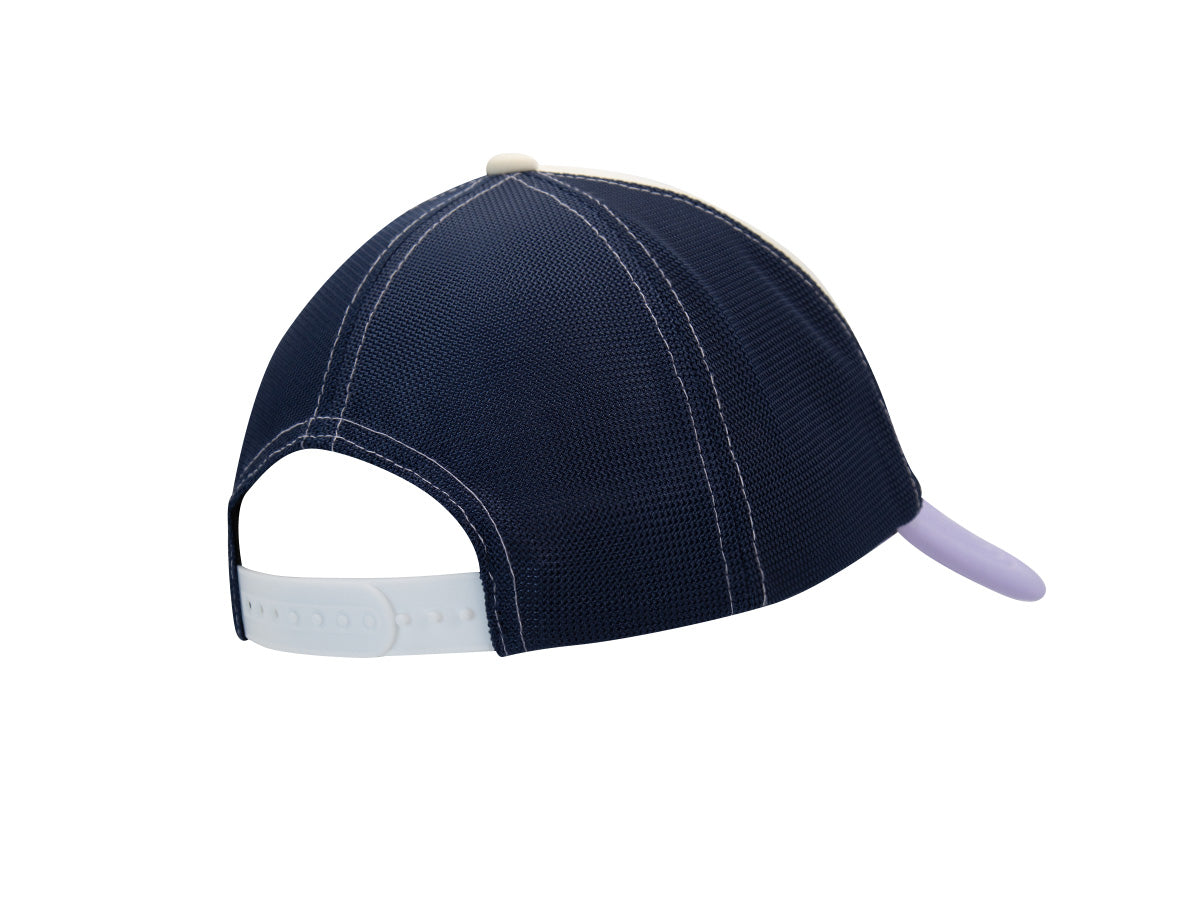 Dos casquette LXH « Signature », mesh marine ventilé, surpiqûres blanches, sangle plastique, visière améthyste.