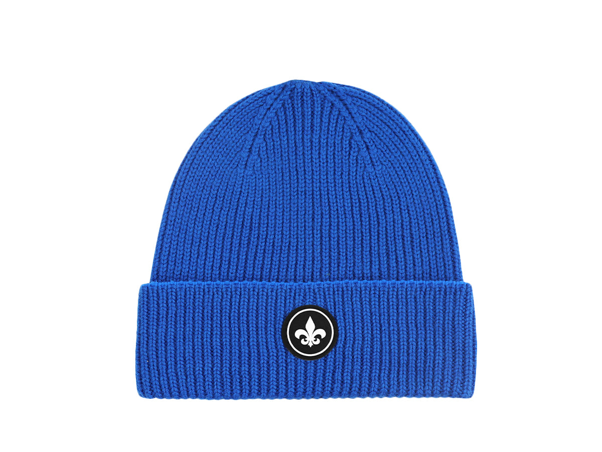 Bonnet laine mérinos bleu LXH avec un design côtelé et un logo élégant