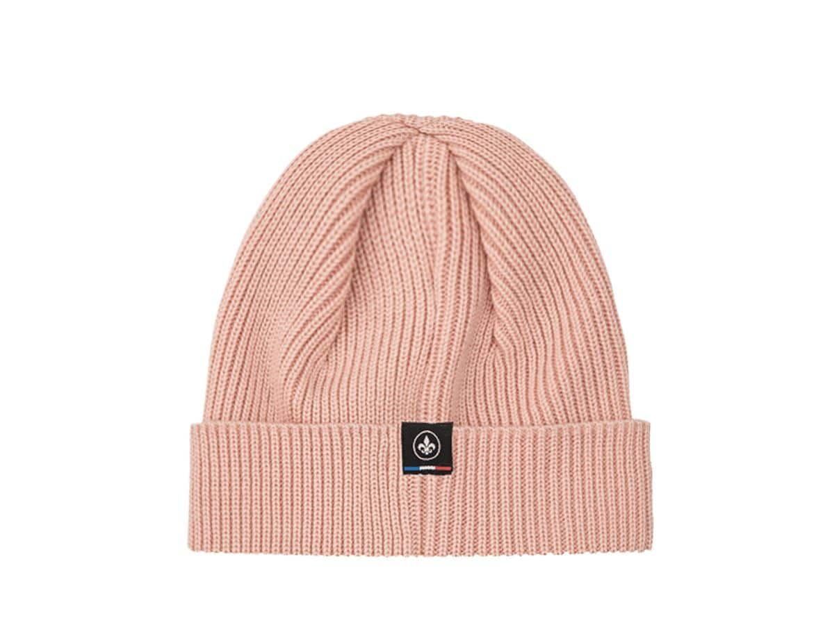 Bonnet Laine Mérinos Rose Poudré avec un design côtelé et logo LXH