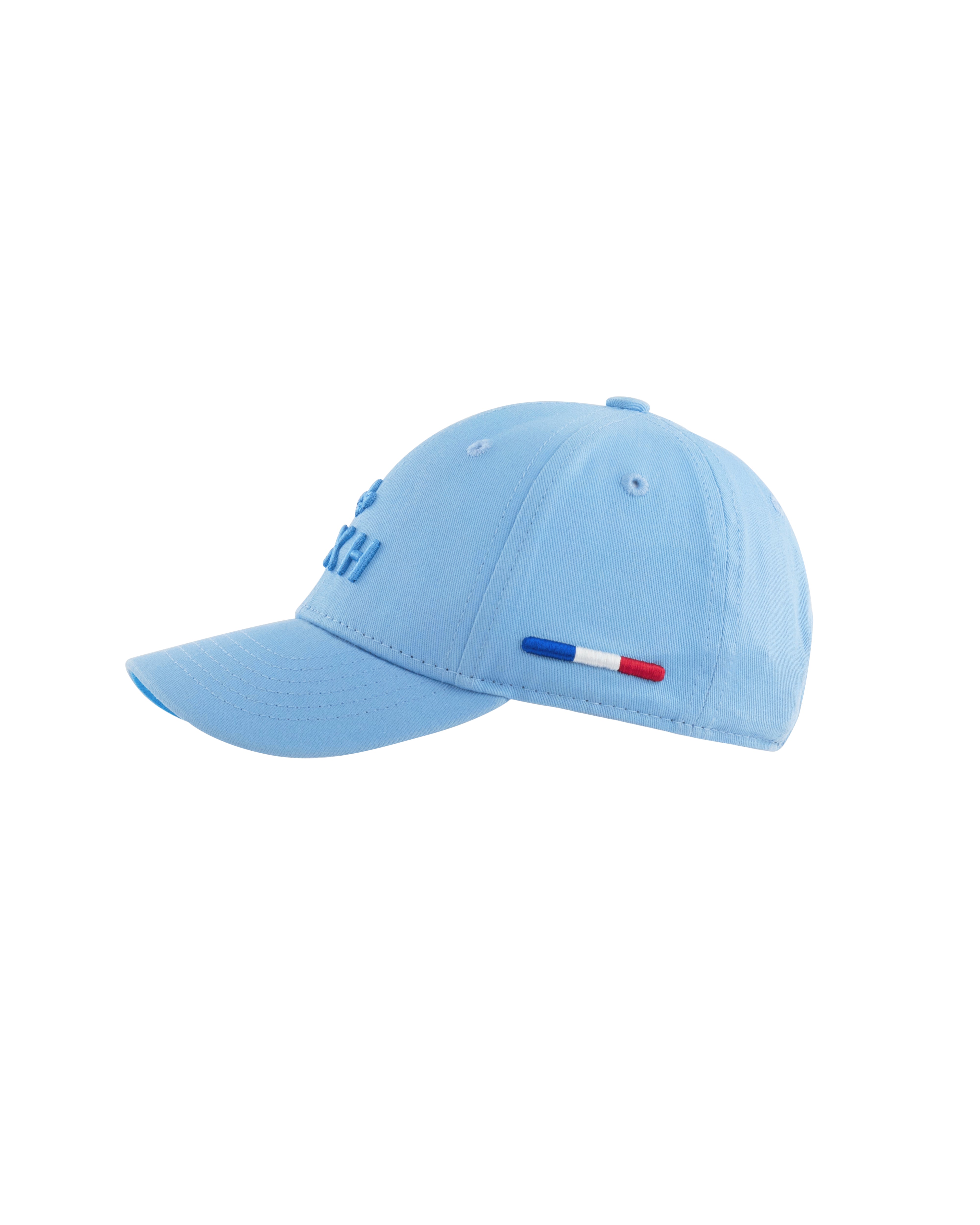 Casquette bébé bleu ciel coton de marque LXH avec détails en bleu, blanc et rouge.