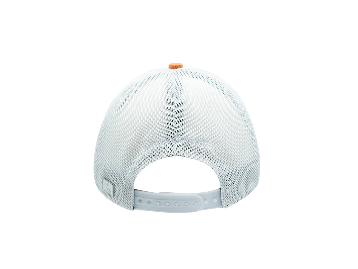 Vue arrière d'une casquette bicolor blanc orange LXH avec fermeture réglable