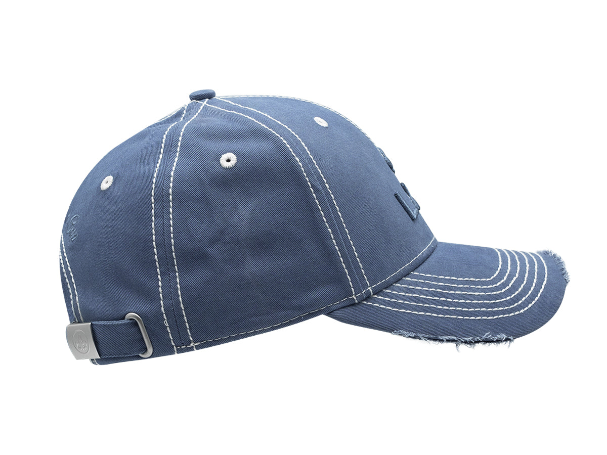 Casquette bleu disrupt de LXH avec une finition usée et une boucle en métal pour un ajustement parfait