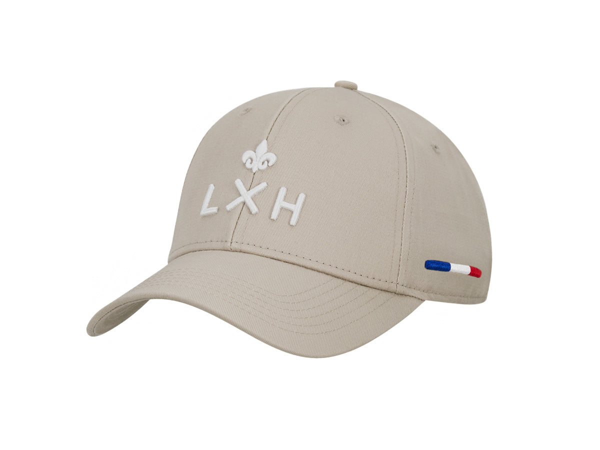 Casquette coton beige homme LXH avec logo blanc et détails tricolores sur le côté