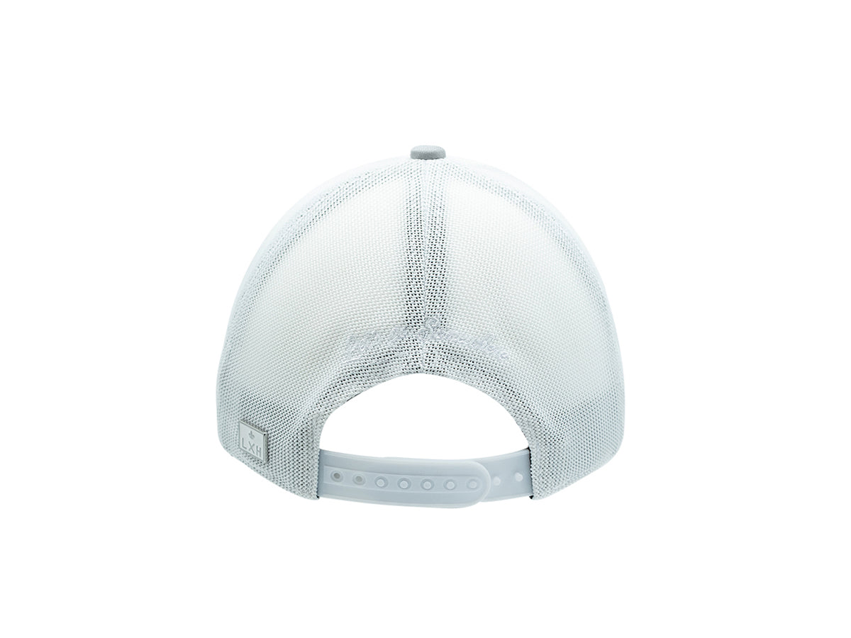 Vue arrière de la casquette coton bicolore blanc gris de LXH avec attache réglable