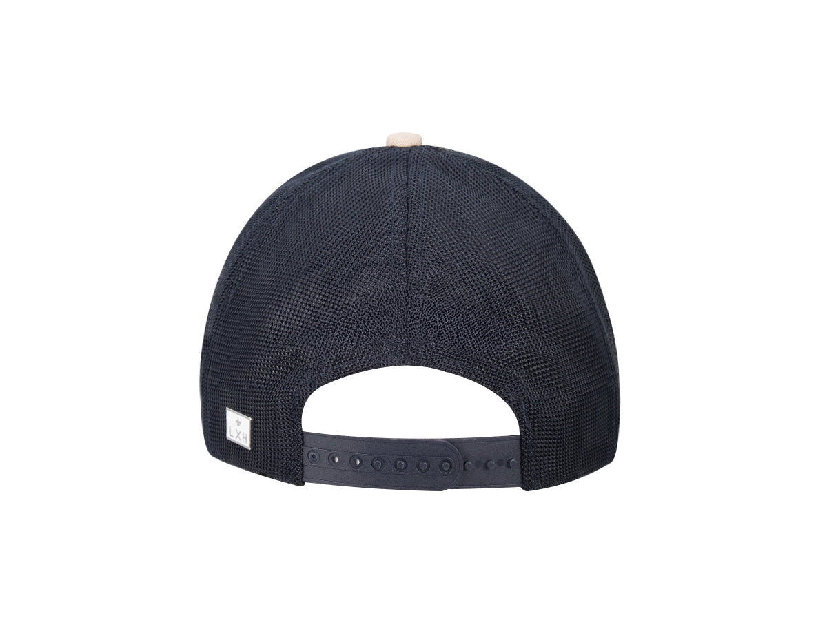 Vue arrière de la casquette coton bicolore mastic bleu marine avec fermeture réglable