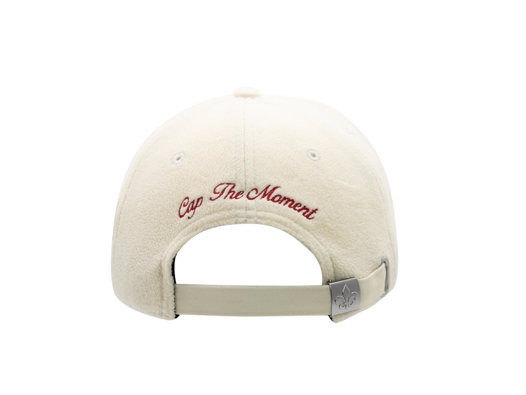 Vue arrière de la casquette de Noël LXH avec broderie 'Cap The Moment' en rouge