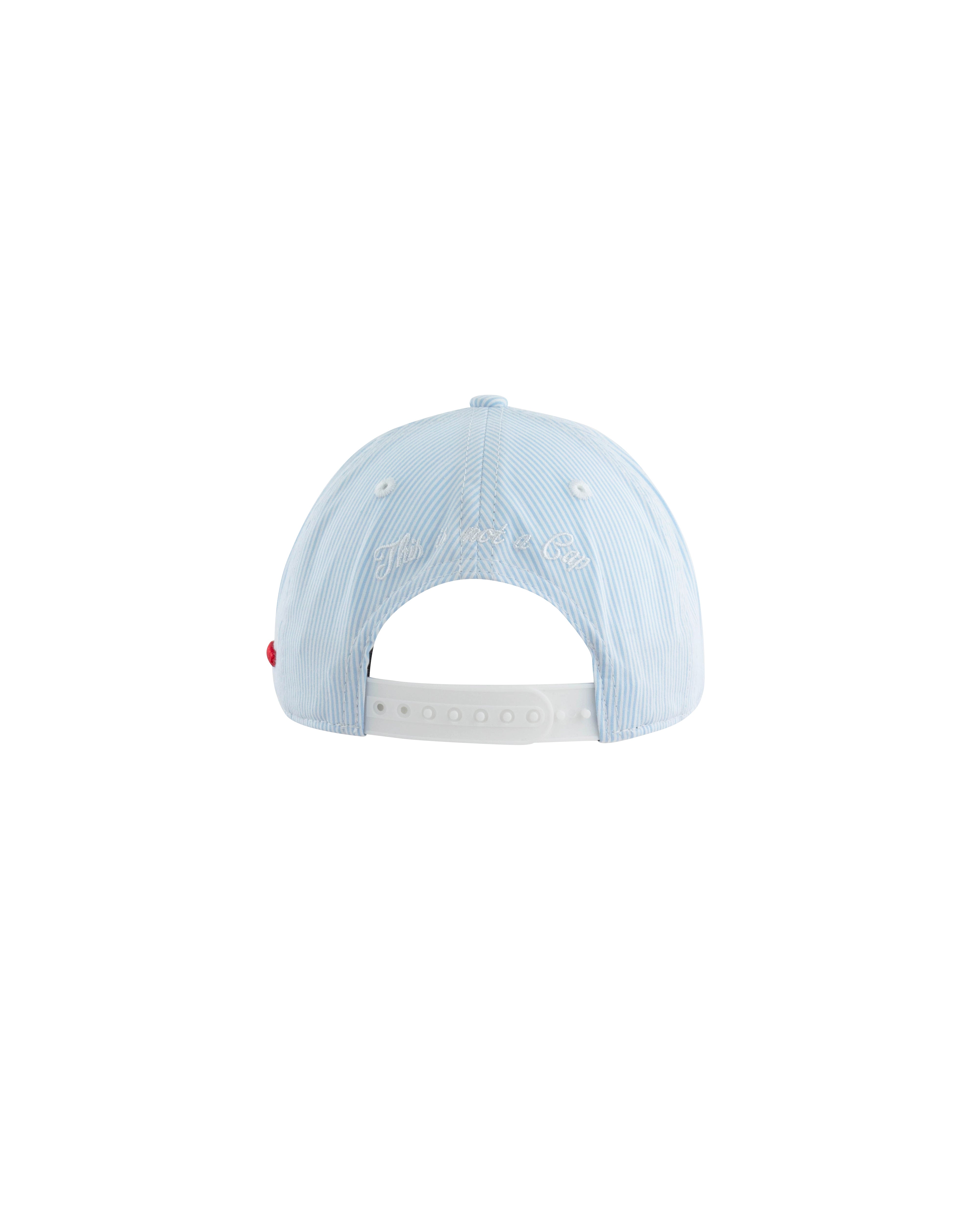 Casquette enfant LXH rayures bleu clair et blanc, vue arrière, broderie scriptée ton sur ton, snapback blanche translucide.