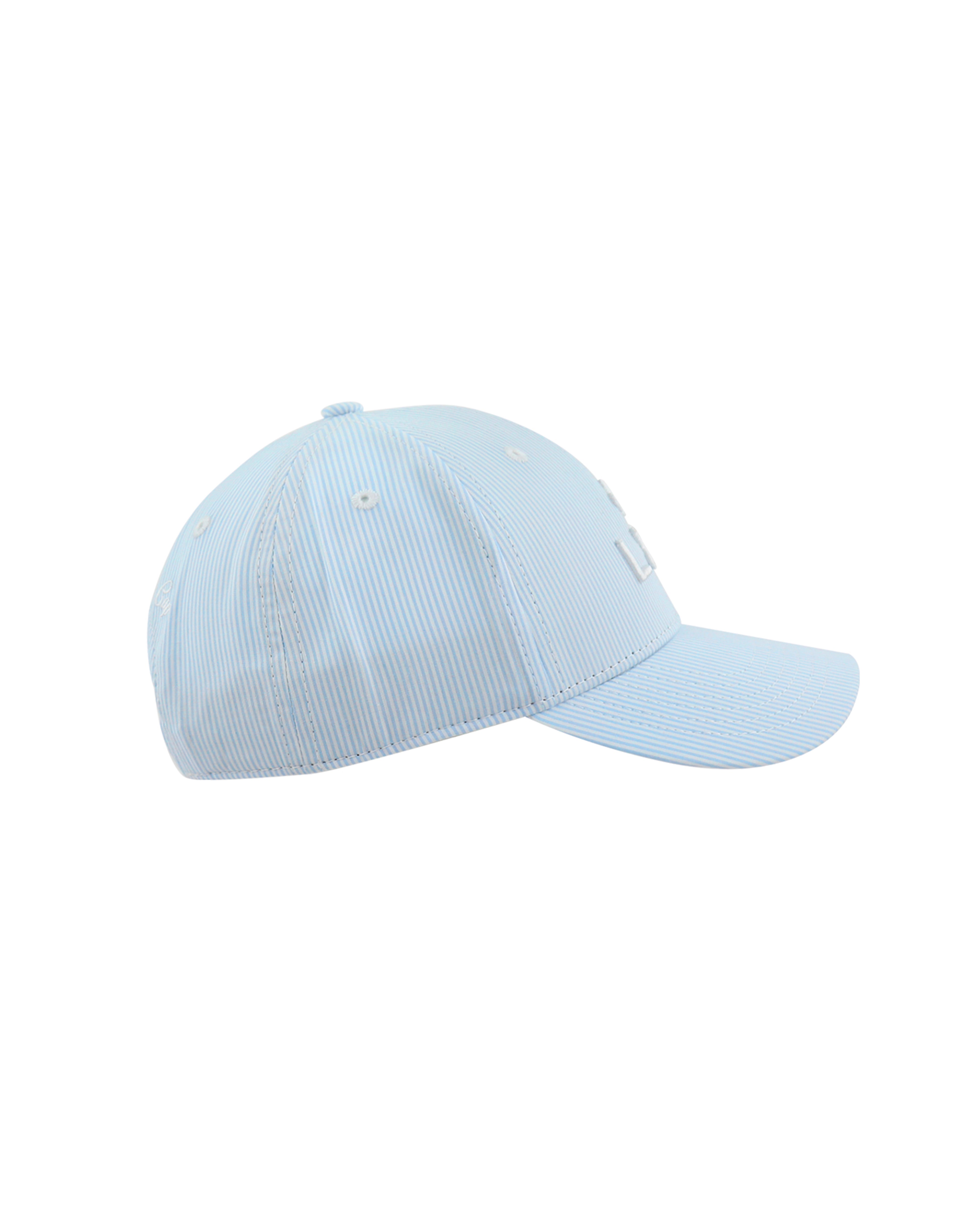 Casquette enfant LXH rayures bleu et blanc, profil droit, panneaux ventilés, visière rayée, coutures blanches.