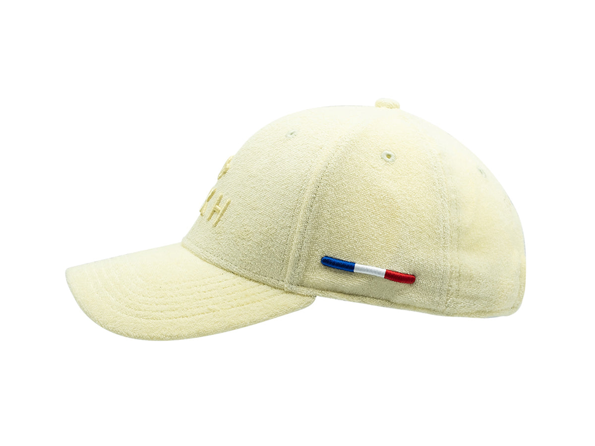 Casquette éponge jaune citron de la marque LXH avec broderie et détails tricolores