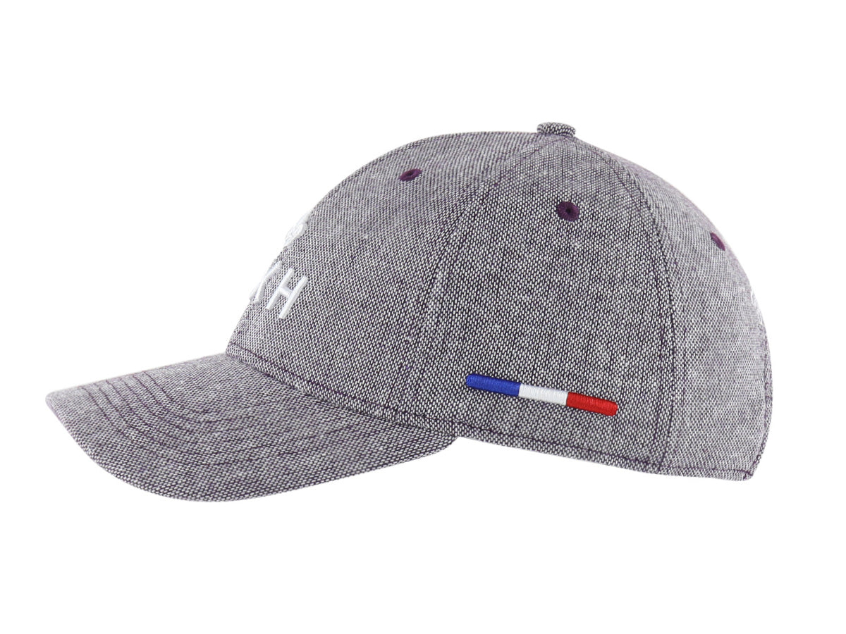 Casquette laine violette LXH avec broderie blanche et détails tricolores sur le côté