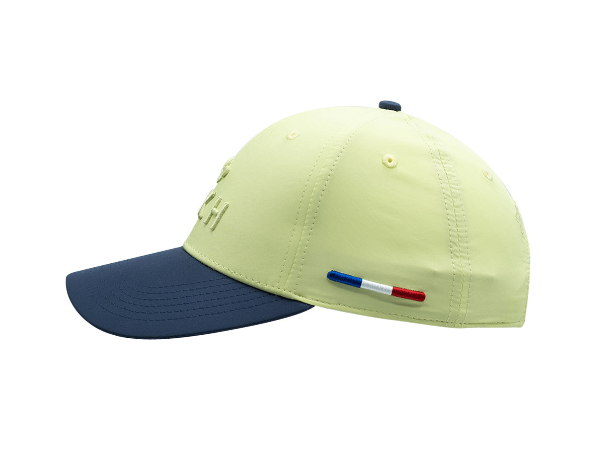 Casquette nylon bicolore bleu vert de la marque LXH avec visière bleue et couronne jaune
