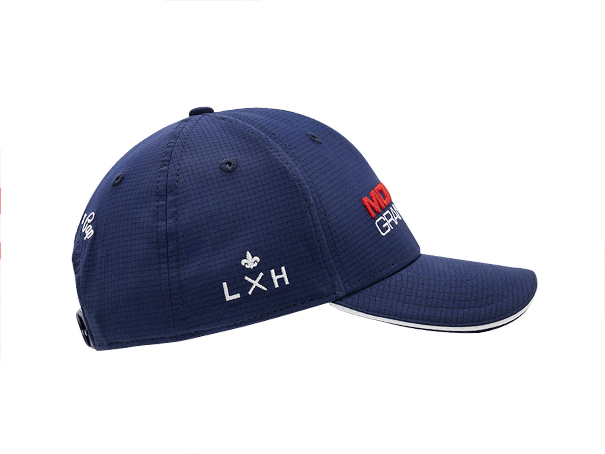 Casquette nylon LXH bleue avec broderie rouge et blanche pour un style sportif