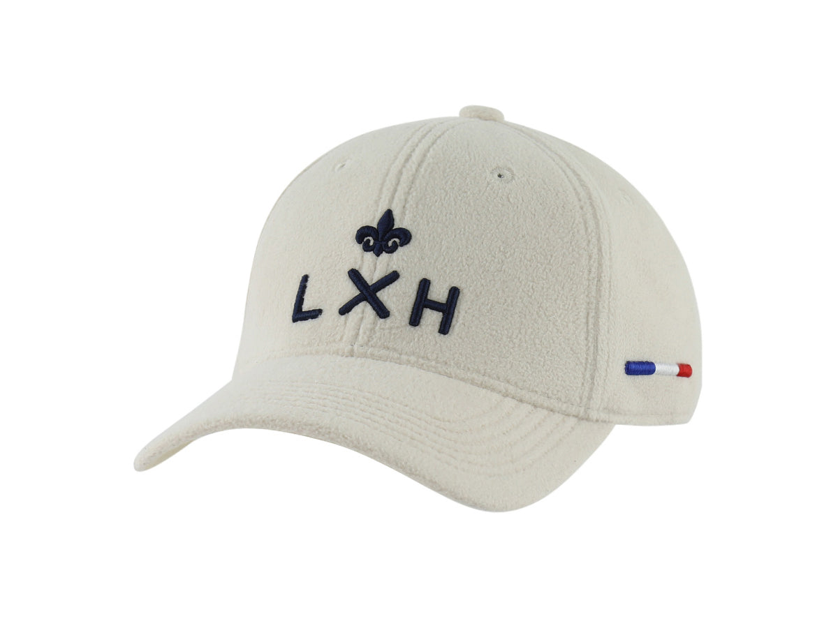 Casquette polaire ivoire homme de la marque LXH avec logo stylisé et détails tricolores