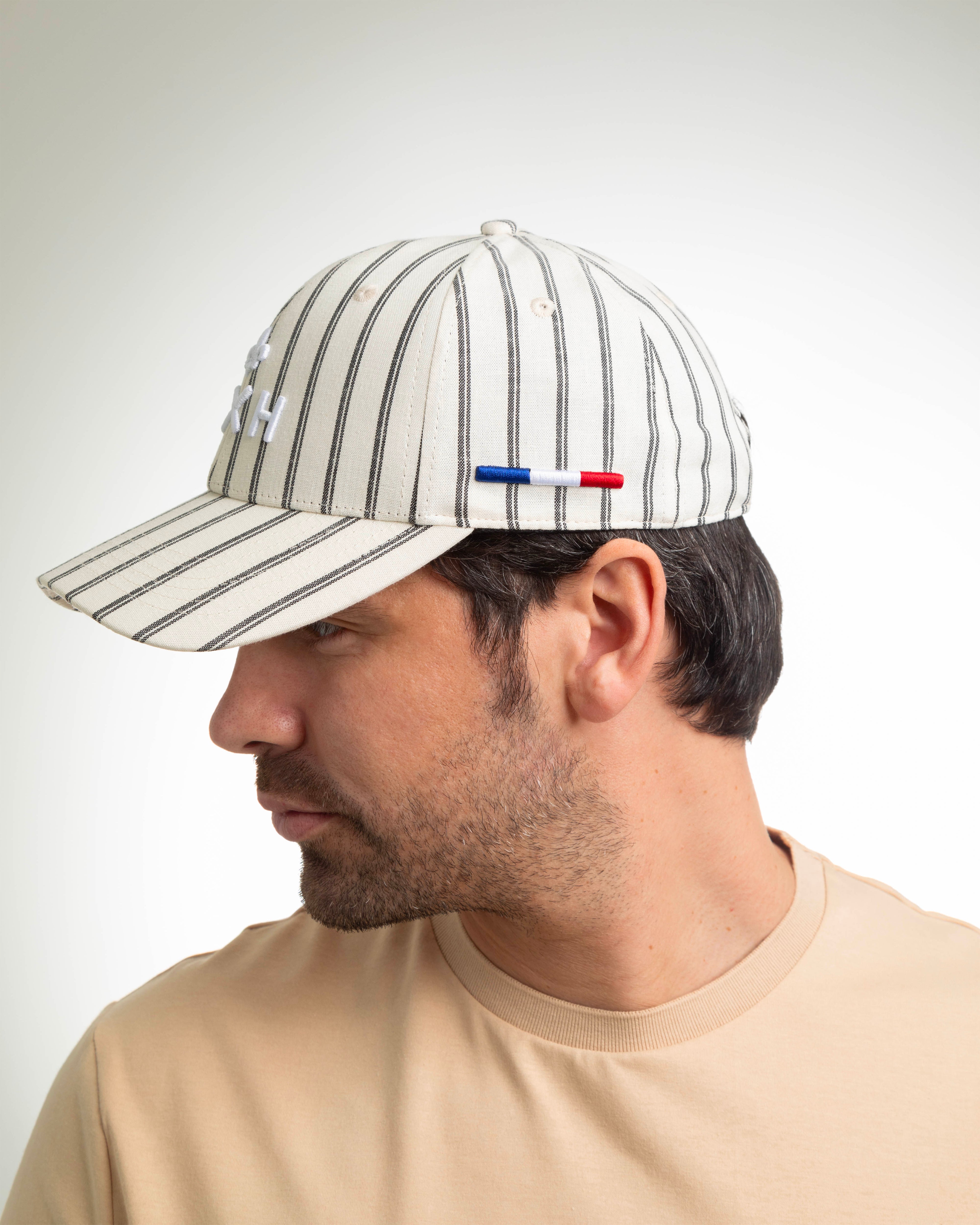 Casquette rayée beige homme LXH avec logo brodé et bandeaux tricolores Français