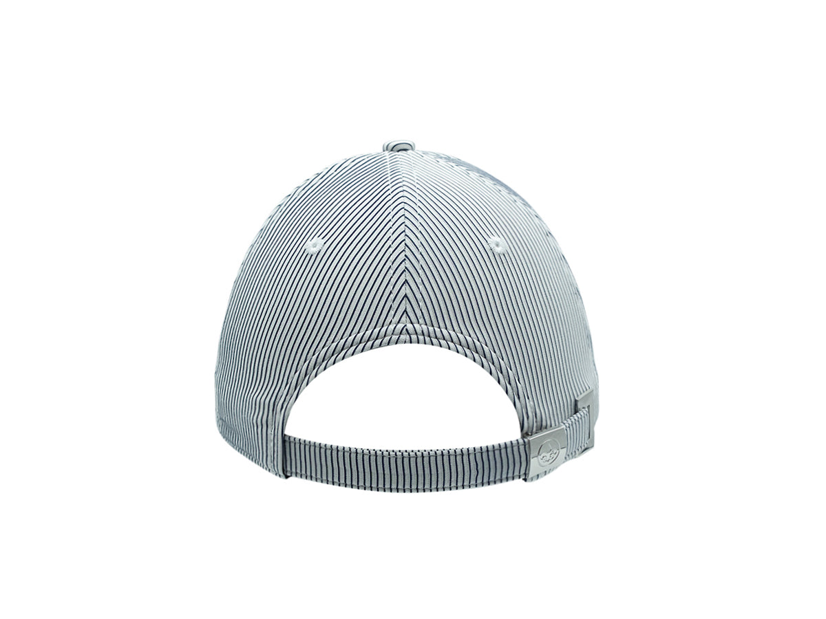 Vue arrière de la casquette rayée bleu marine LXH avec fermeture réglable