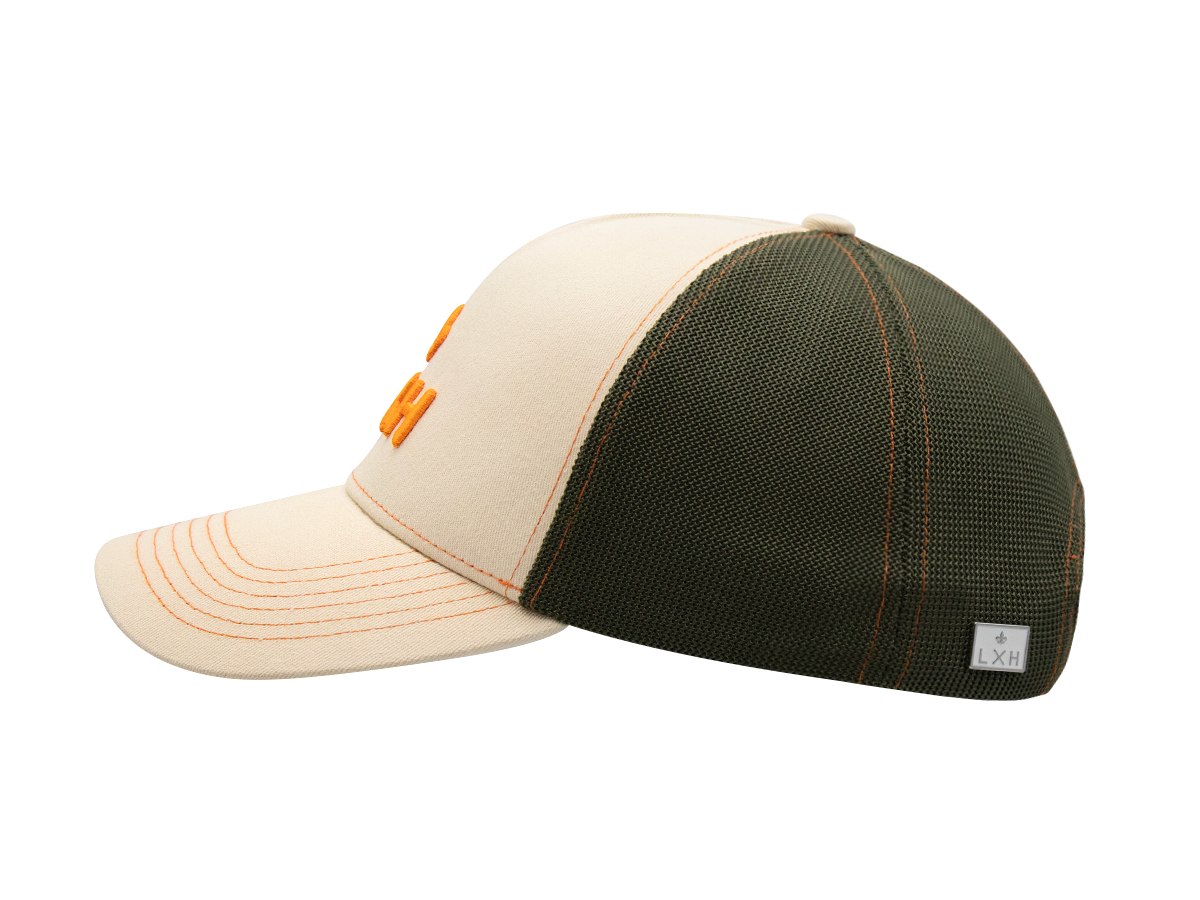 Casquette Shades Soft beige et kaki avec logo orange et mesh respirant de la marque LXH