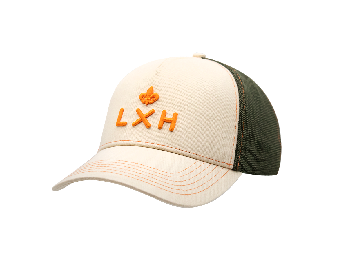 Casquette Shades Soft beige et verte avec logo LXH orange brodé et maille arrière ventilée
