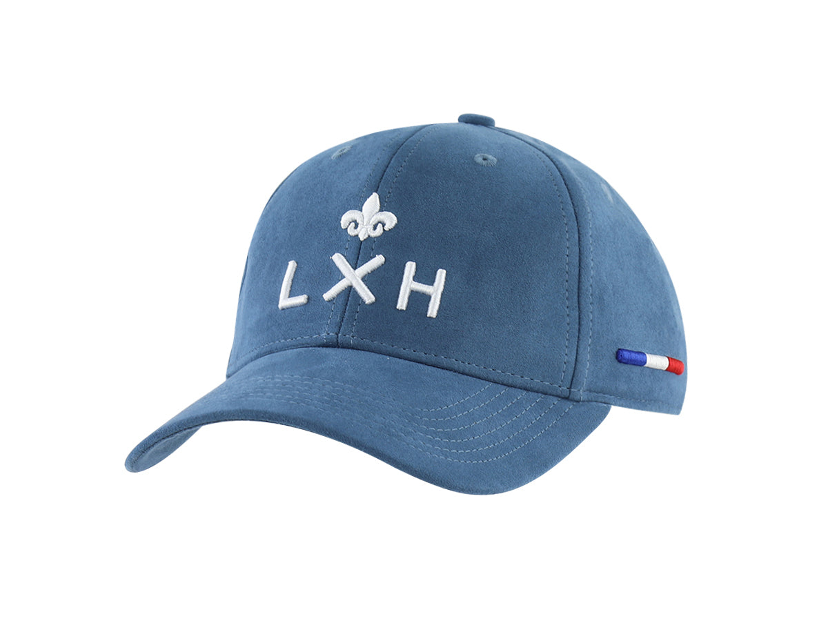 Casquette suédine bleu canard de LXH avec logo brodé et détails tricolores