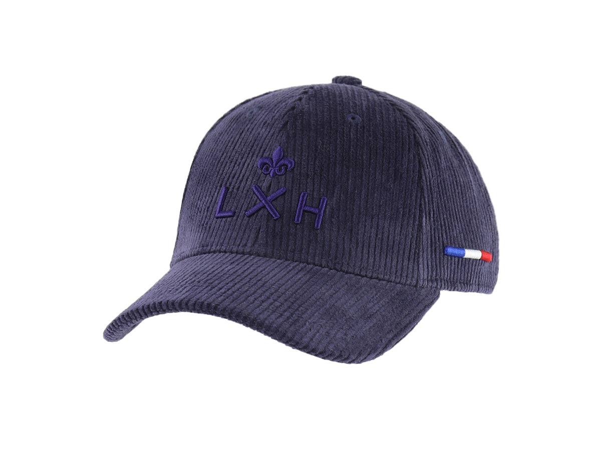Casquette velours côtelé indigo LXH avec logo brodé et détails tricolores