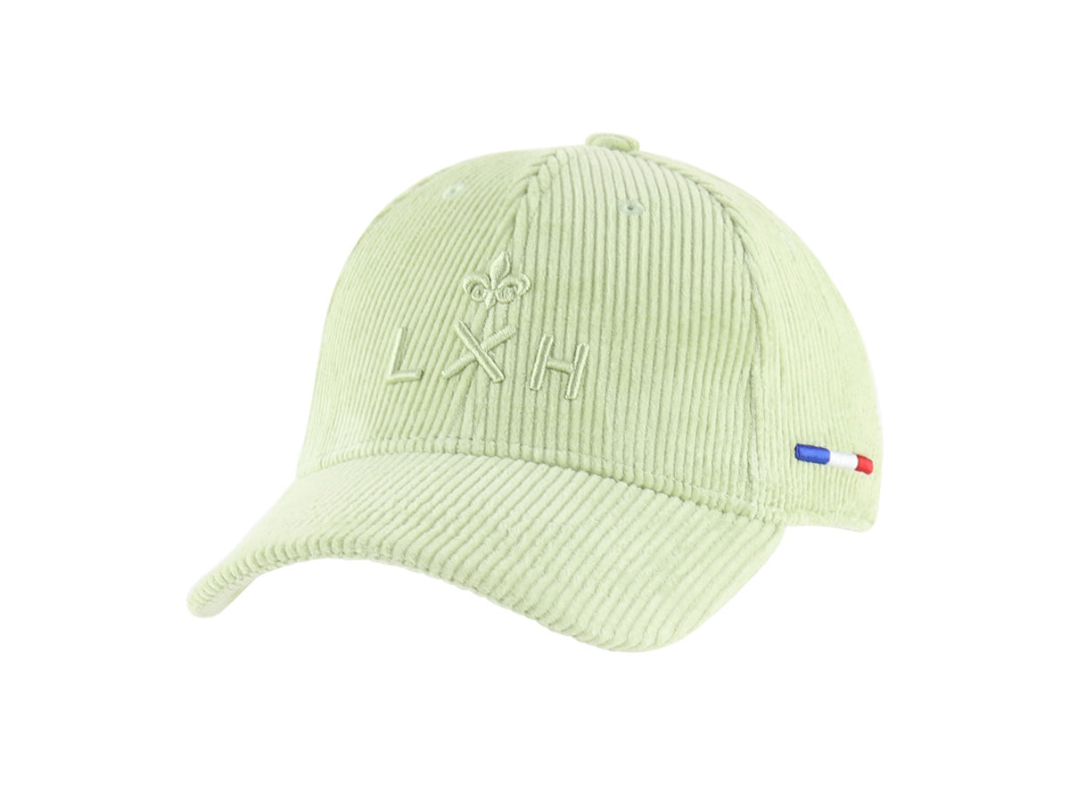 Casquette velours côtelé vert pastel LXH avec logo brodé et détails tricolores