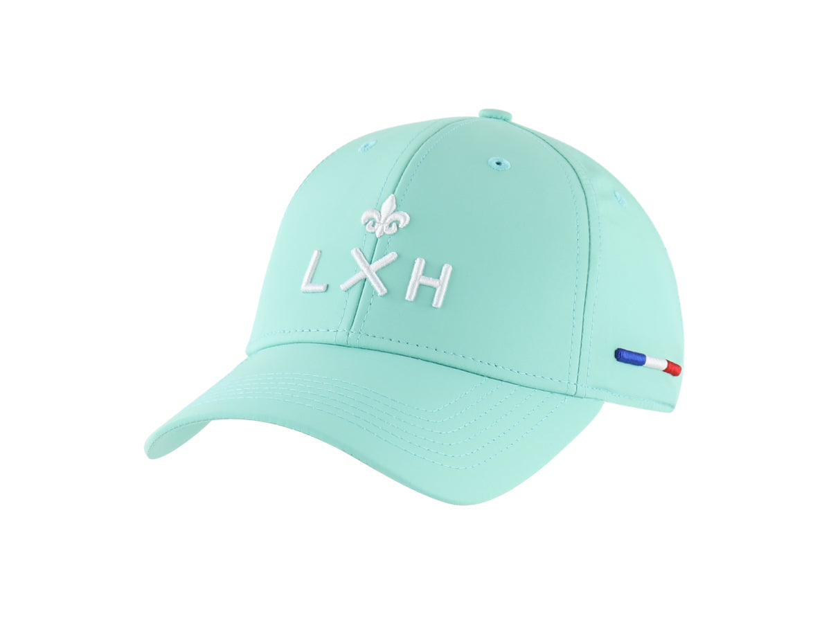 Casquette vert pastel nylon LXH avec logo brodé et détails en bleu, blanc, rouge
