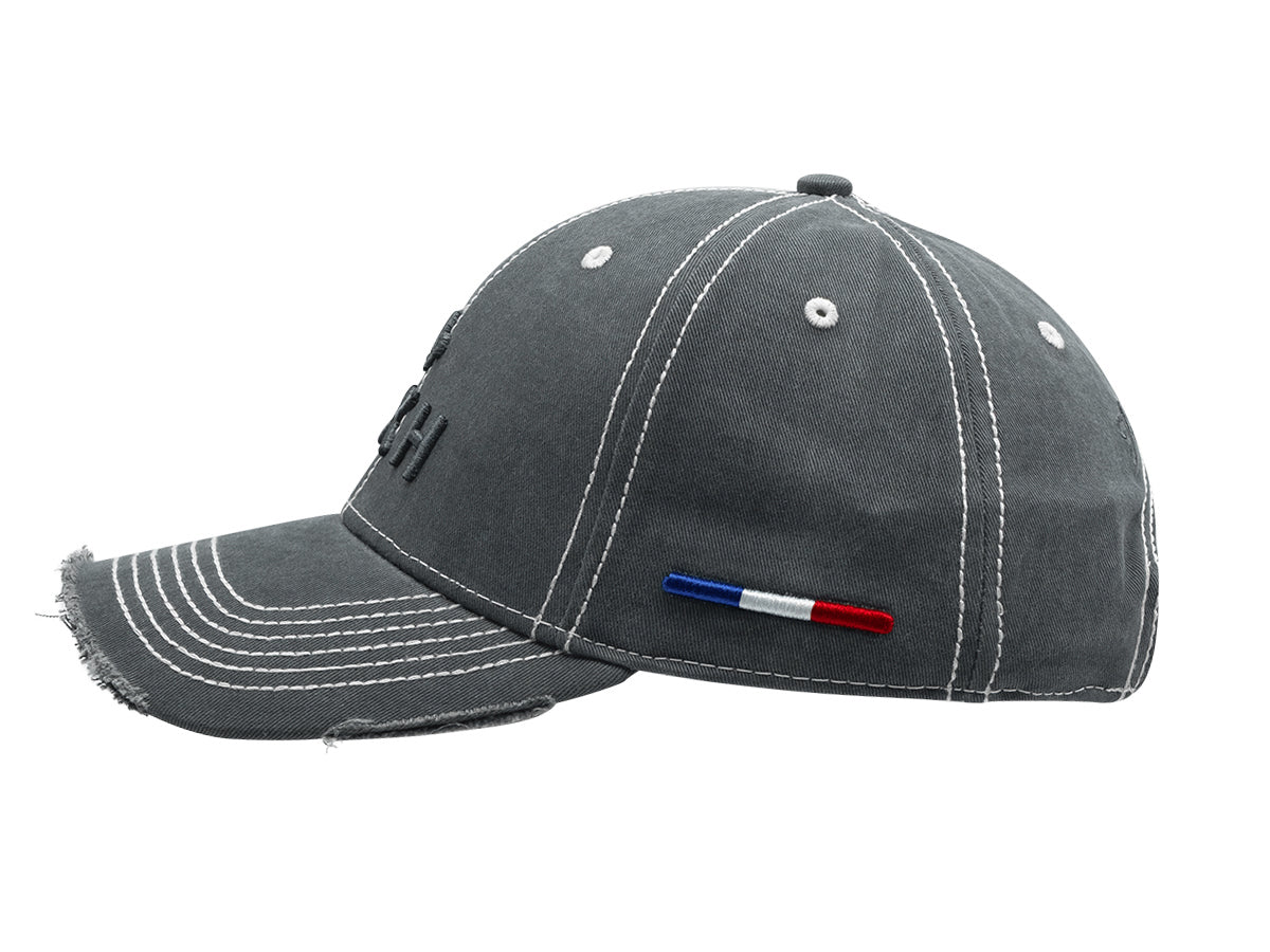 Casquette Disrupt Gris Foncé de LXH avec coutures blanches et détail tricolore sur le côté