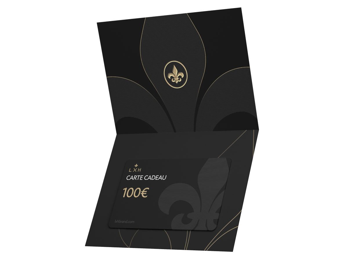 Carte cadeau LXH élégante noire de 100 euros avec motif fleur de lys doré