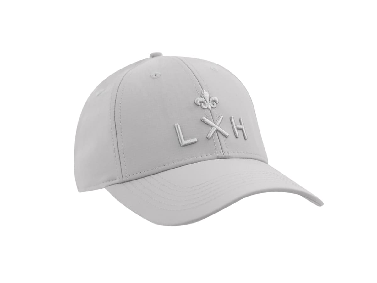 Trois quarts face « Héritage » LXH nylon gris clair, monogramme et fleur de lys ton sur ton, visière courbée
