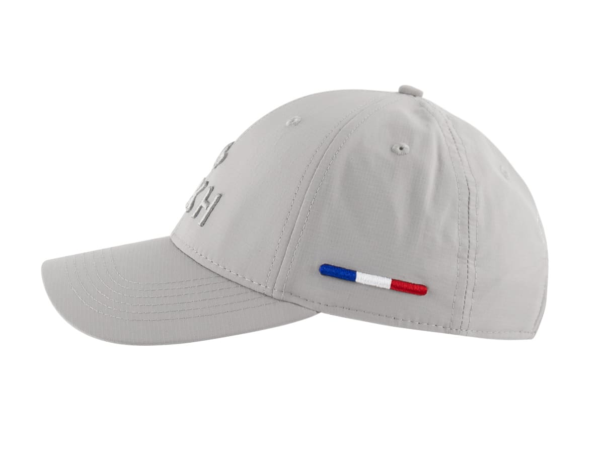 Profil gauche LXH « Héritage » nylon gris clair, drapeau tricolore brodé bleu blanc rouge, packshot fond blanc
