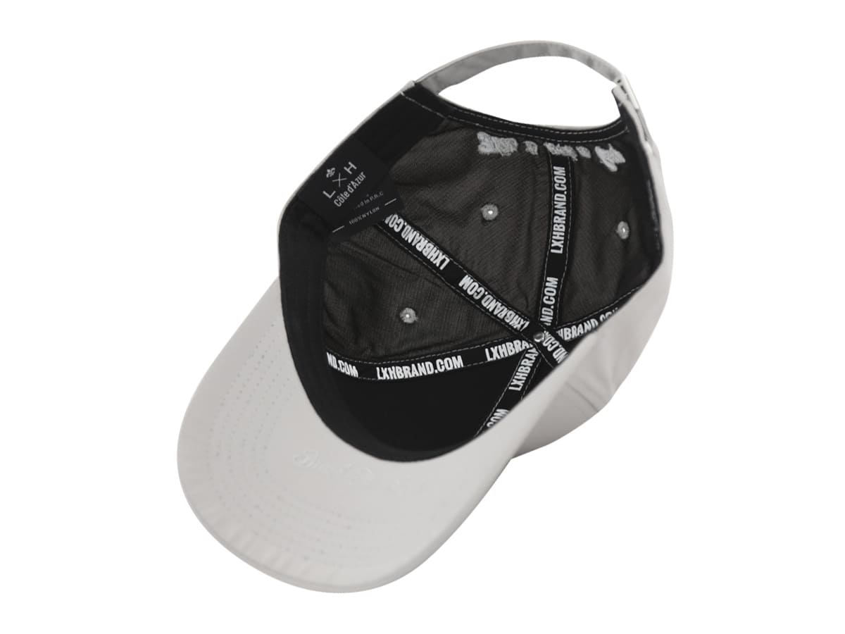 Intérieur LXH nylon gris clair, doublure noire, rubans LXHBRAND.COM, étiquette LXH Côte d Azur 100% Nylon