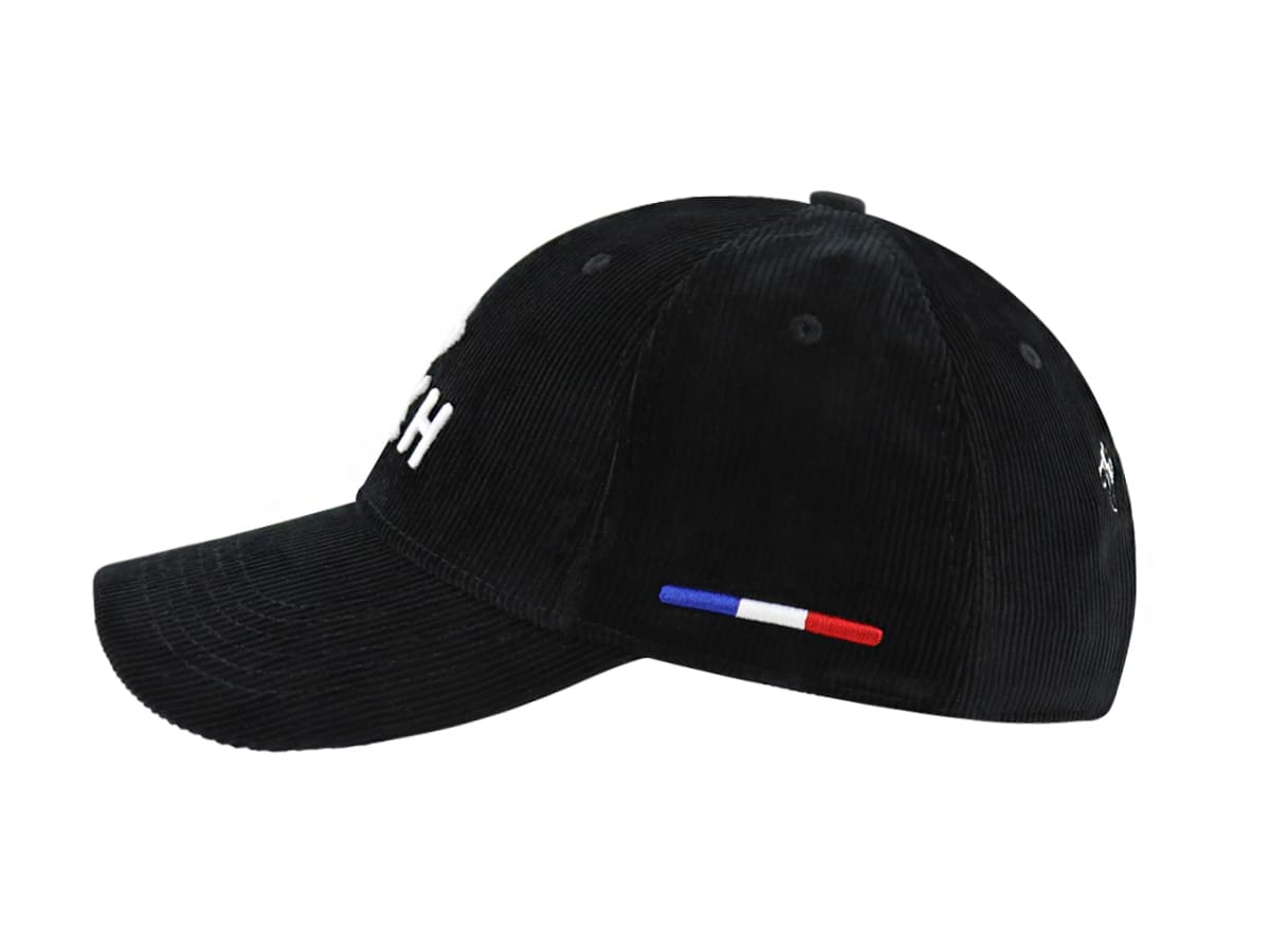 Casquette LXH en velours côtelé noir avec broderie blanche et détail drapeau tricolore