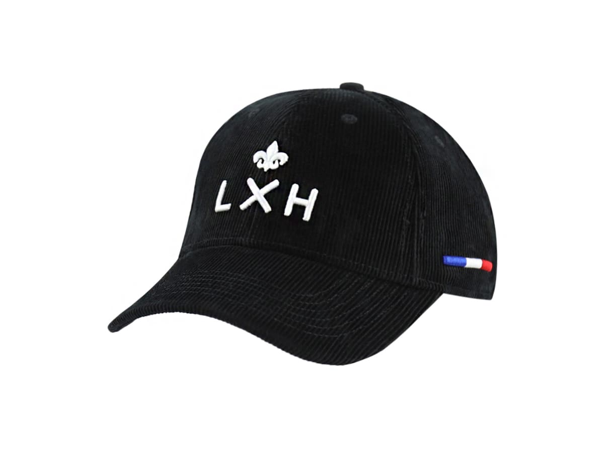 Casquette LXH en Velours Côtelé Noir avec logo blanc et petit drapeau tricolore sur le côté