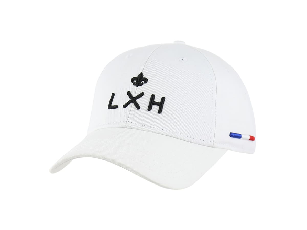 Casquette LXH en coton blanc avec logo brodé noir et détail tricolore sur le côté